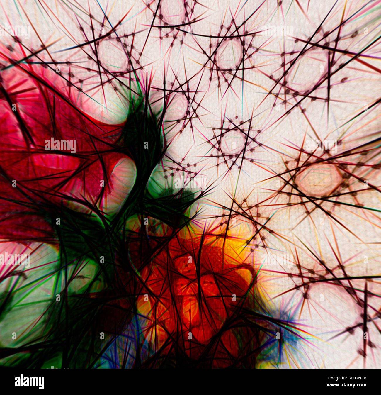 An abstract composition featuring intricate lines and vibrant colors ...