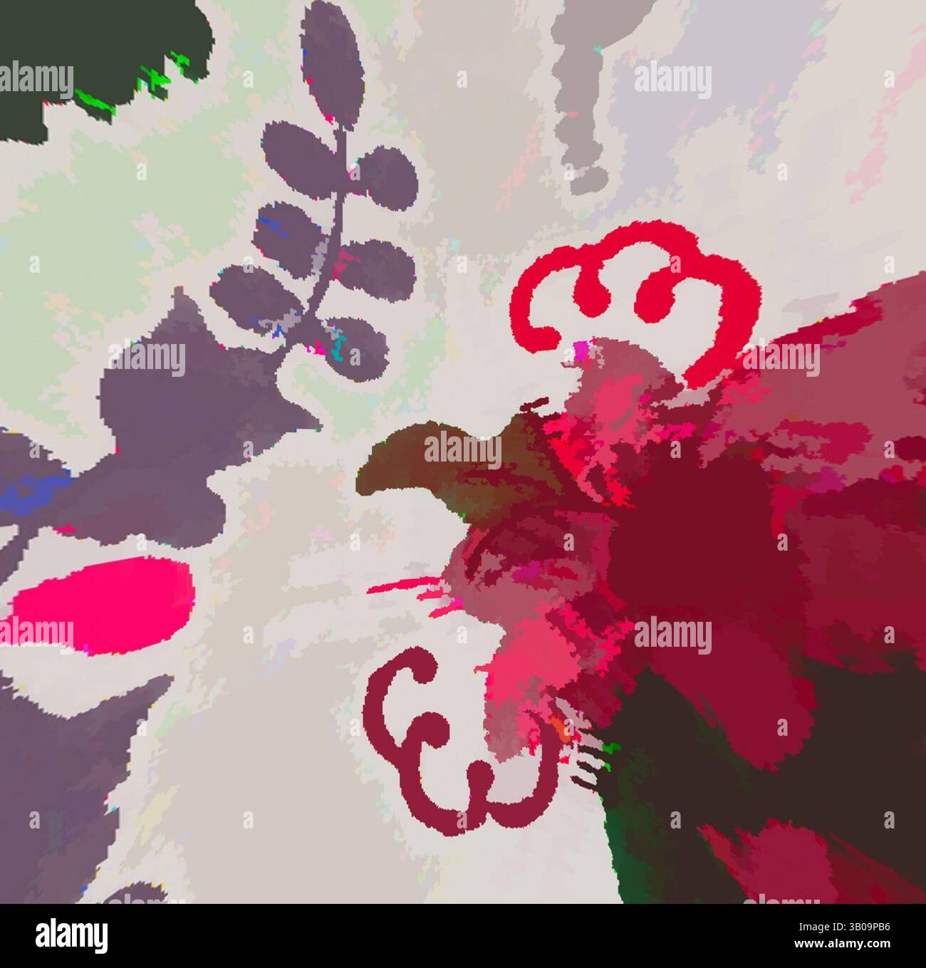 A vibrant abstract composition features swirling shapes and bold colors ...