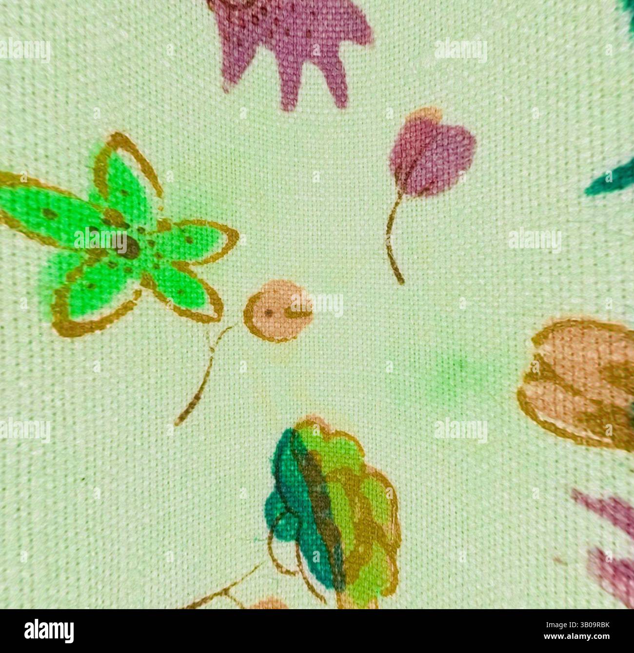 A whimsical fabric pattern featuring colorful flowers, leaves, and ...