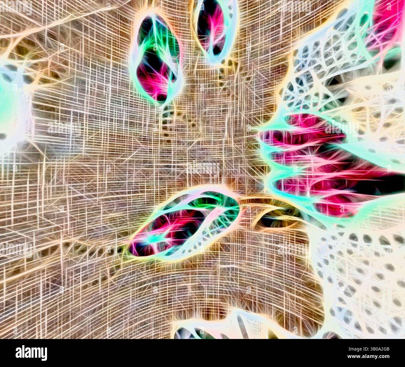 An abstract composition featuring vibrant, flowing patterns and ...