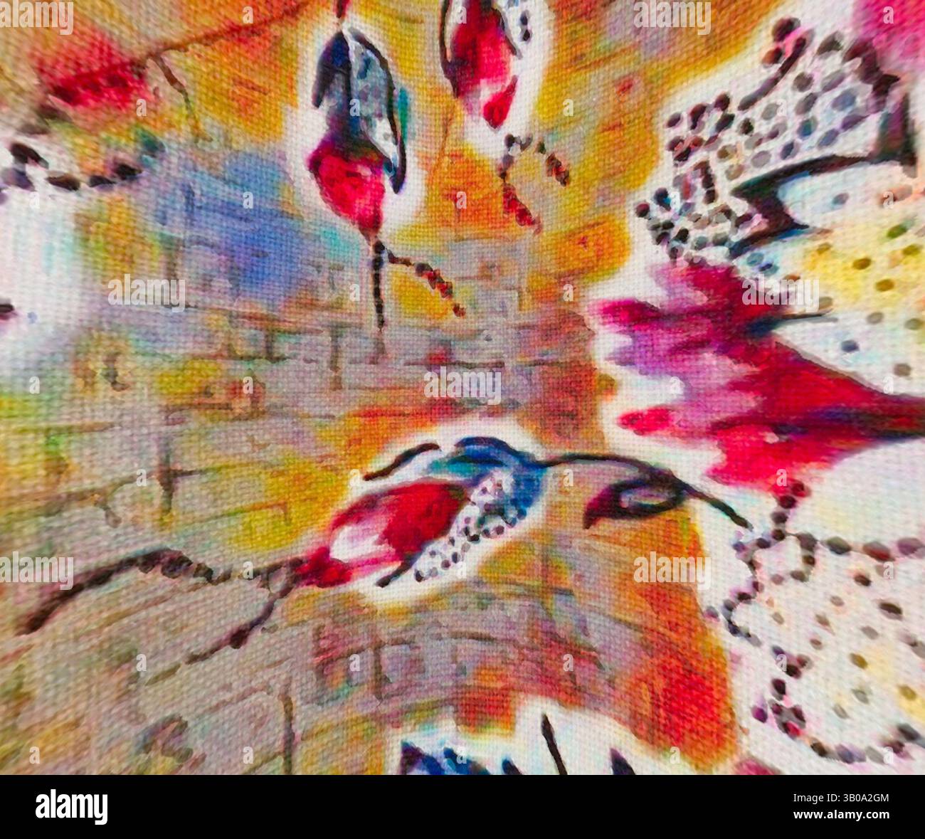 A vibrant abstract composition featuring swirling patterns and splashes ...