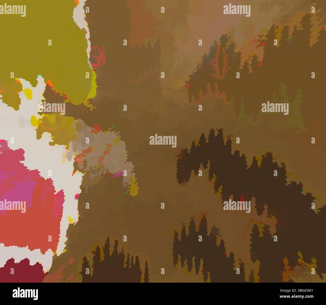 An abstract composition featuring a blend of earthy tones and vibrant ...