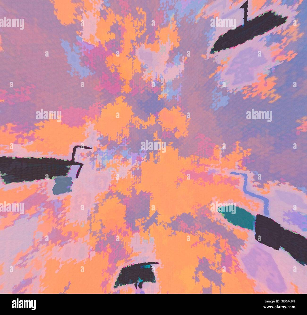 An abstract composition featuring vibrant hues of orange, purple, and ...