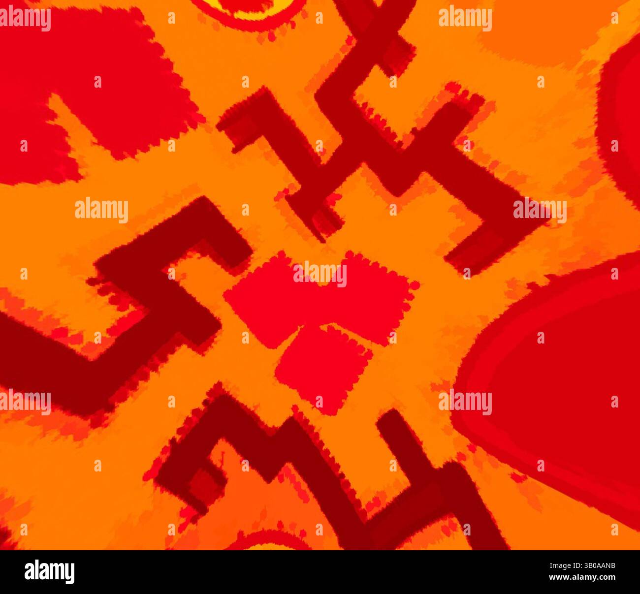 A vibrant abstract composition featuring a dynamic interplay of bold ...