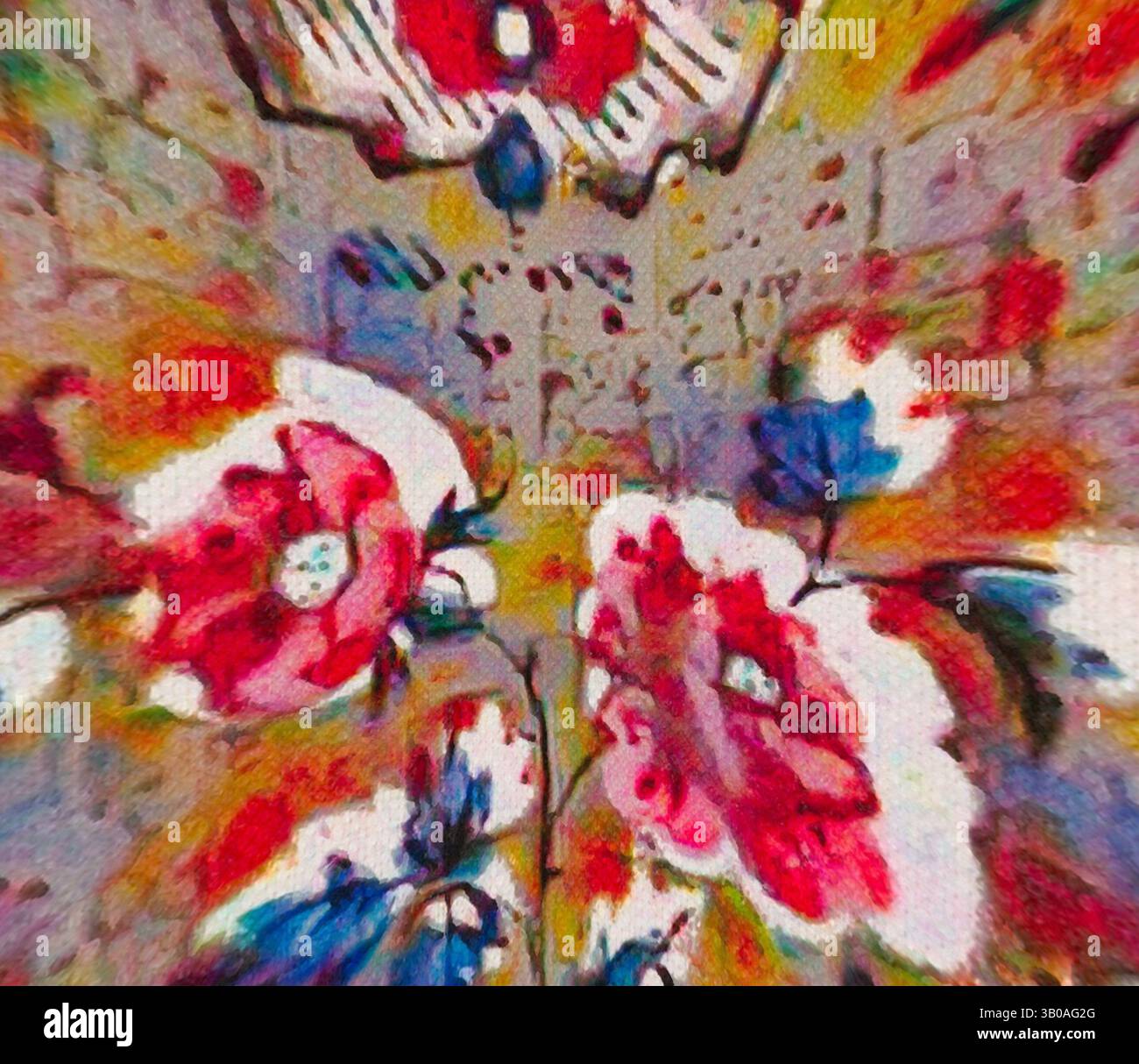 A vibrant display of floral patterns bursts with colors, blending ...