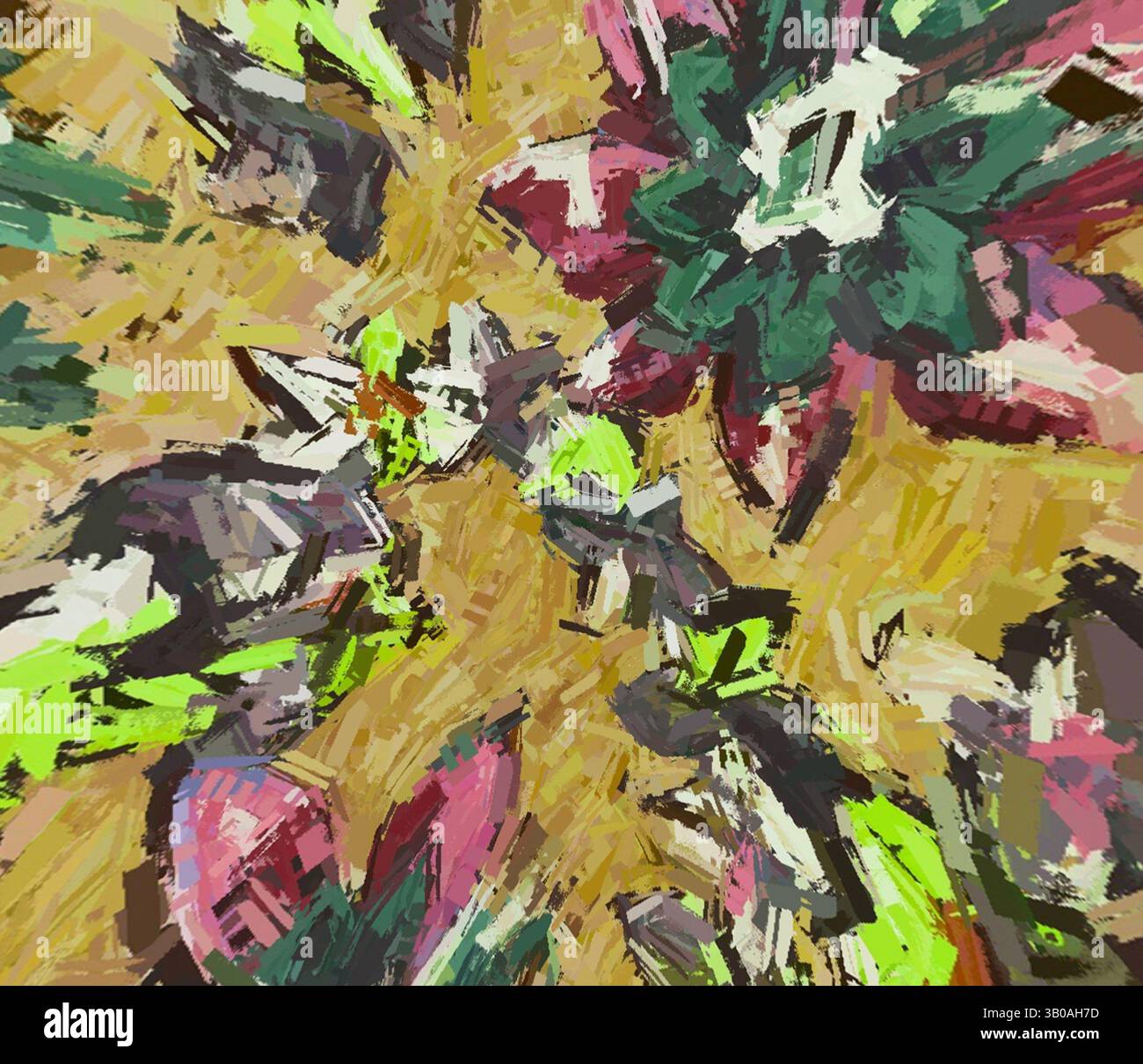 An abstract composition features vibrant, swirling shapes in shades of ...