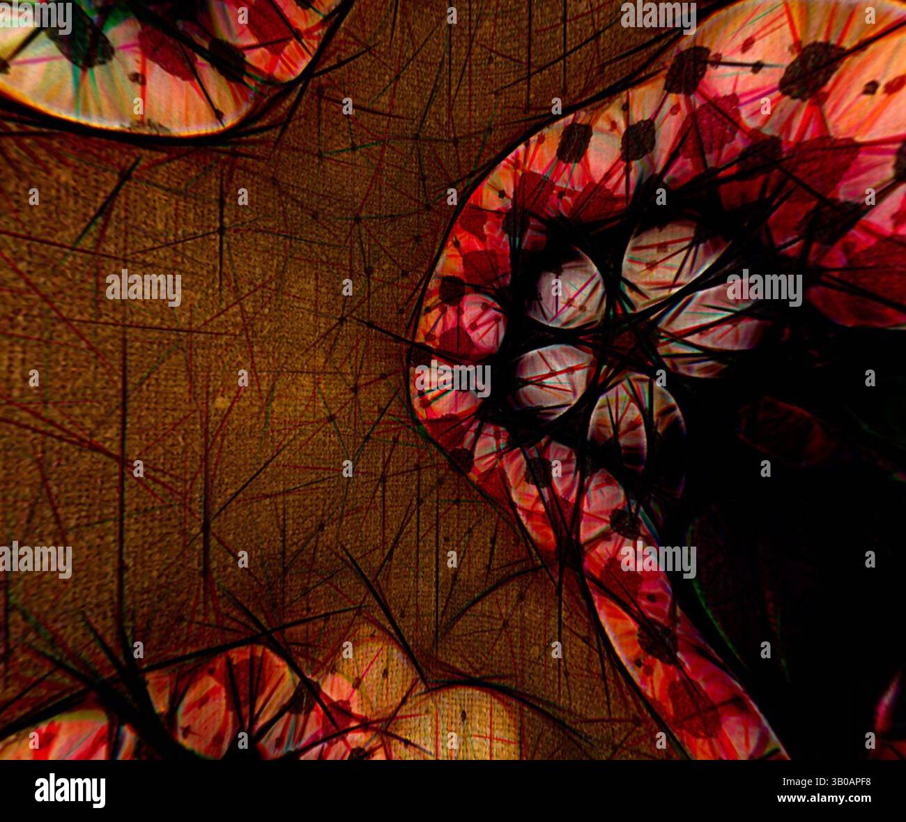 A vibrant abstract composition featuring intricate patterns and bold ...