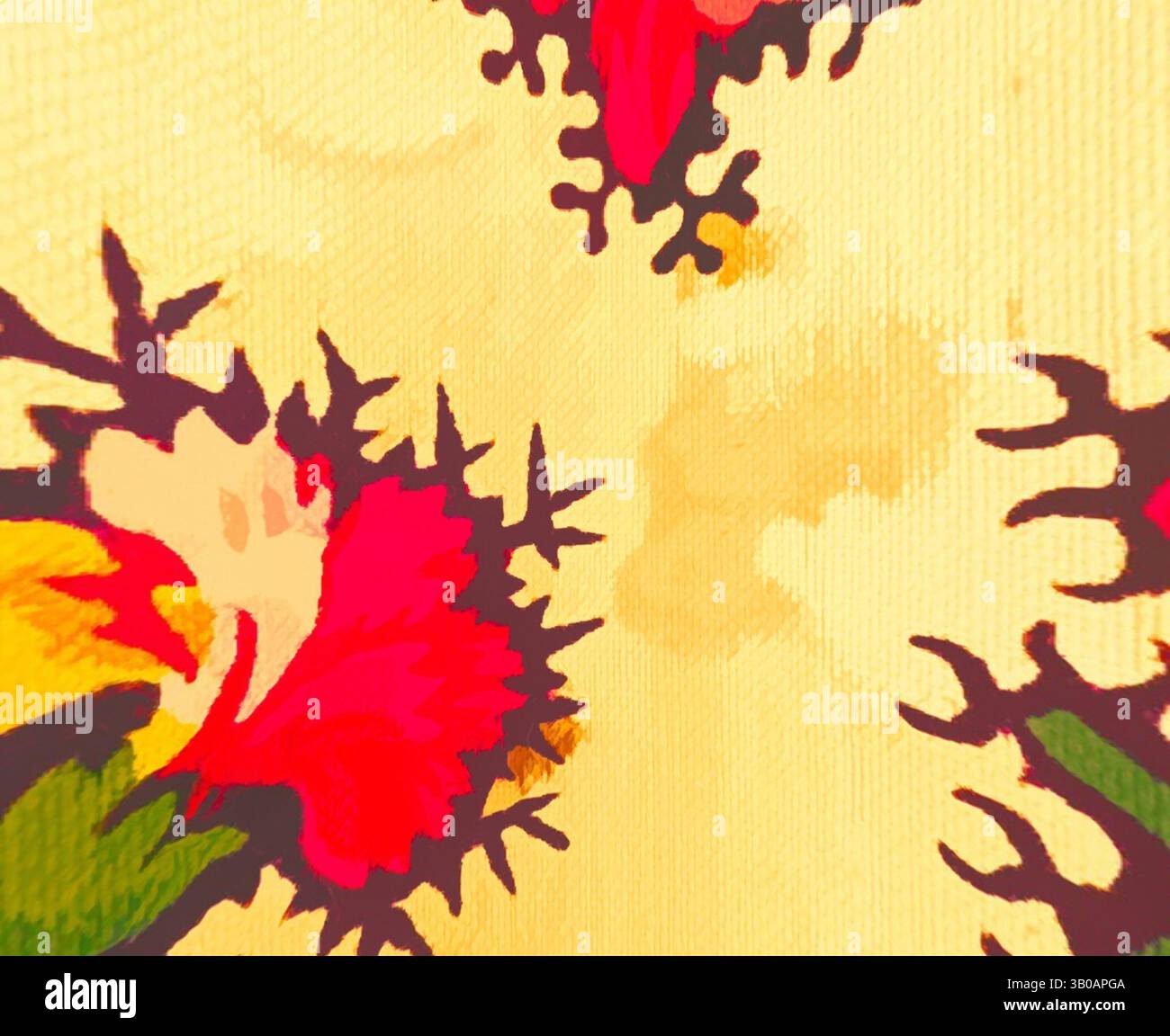 A vibrant floral pattern features bold red flowers surrounded by ...
