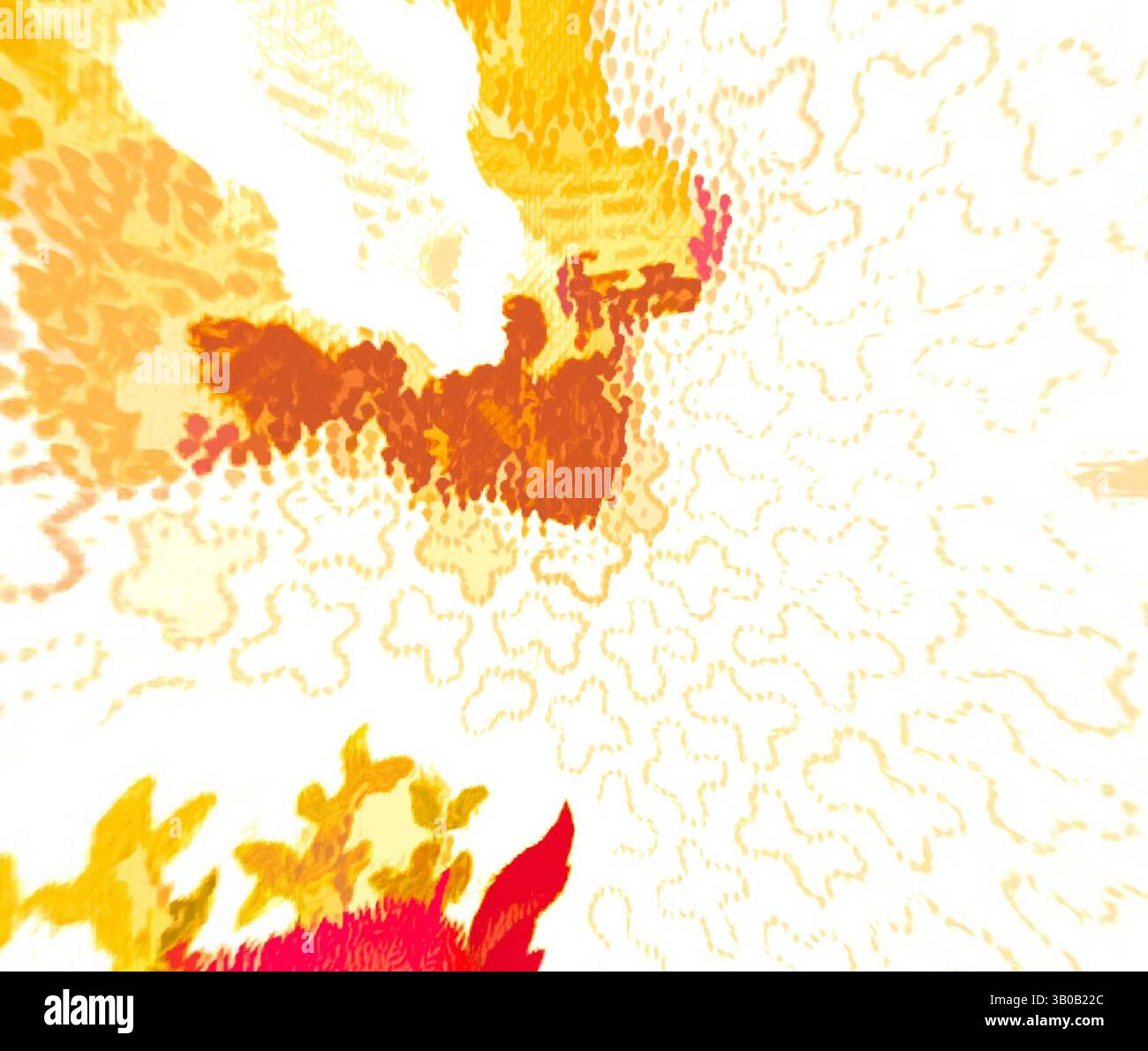 An abstract composition featuring vibrant splashes of orange, yellow ...