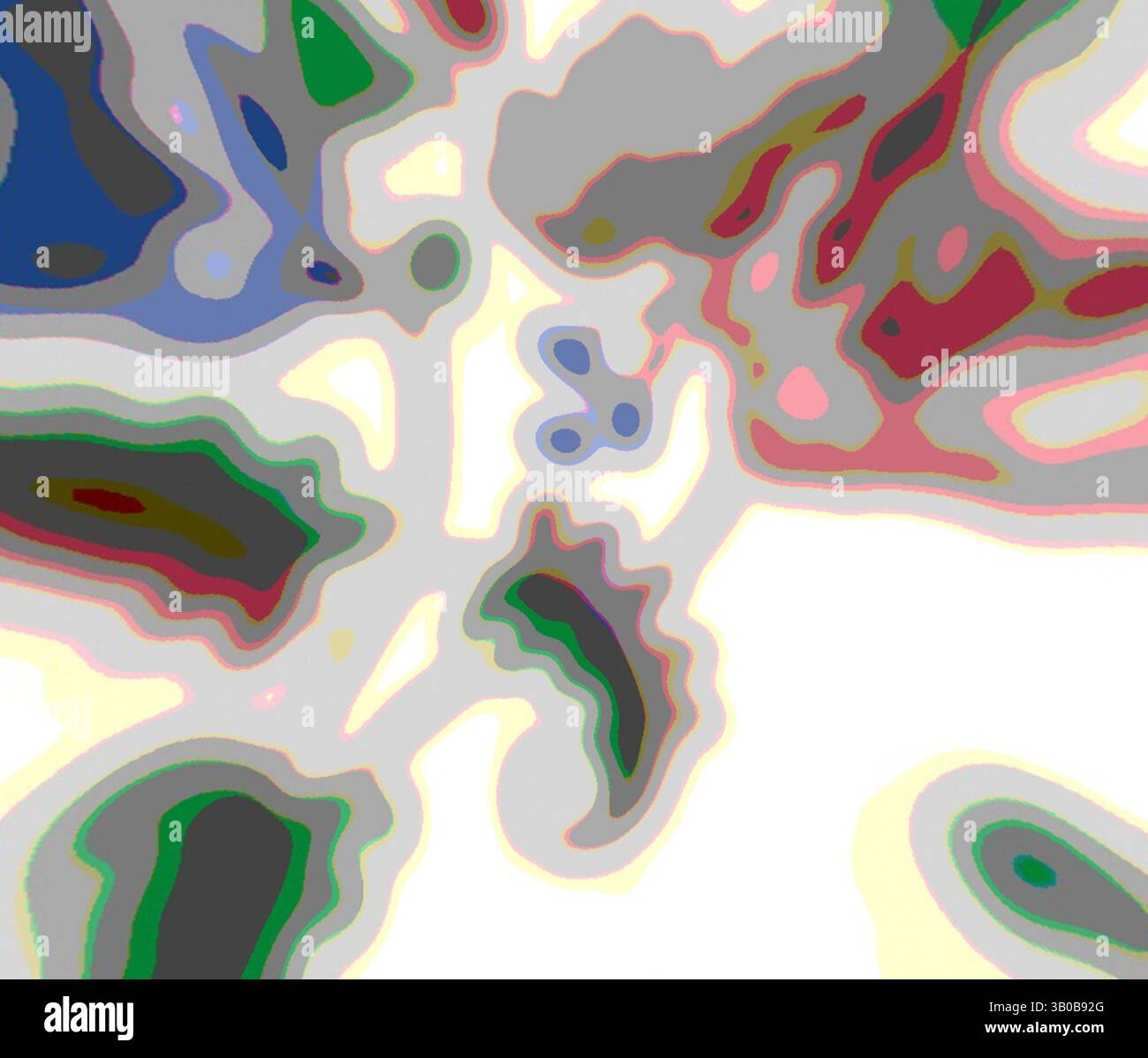 A vibrant abstract composition featuring swirling shapes and bold ...