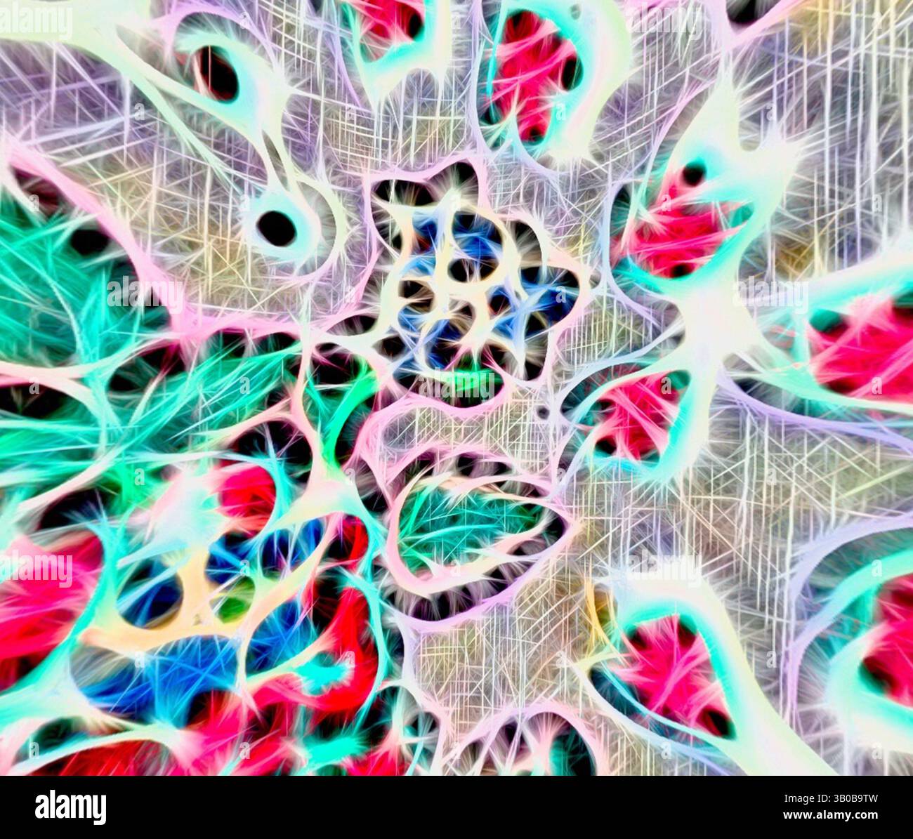 A vibrant abstract composition featuring swirling patterns and a mix of ...