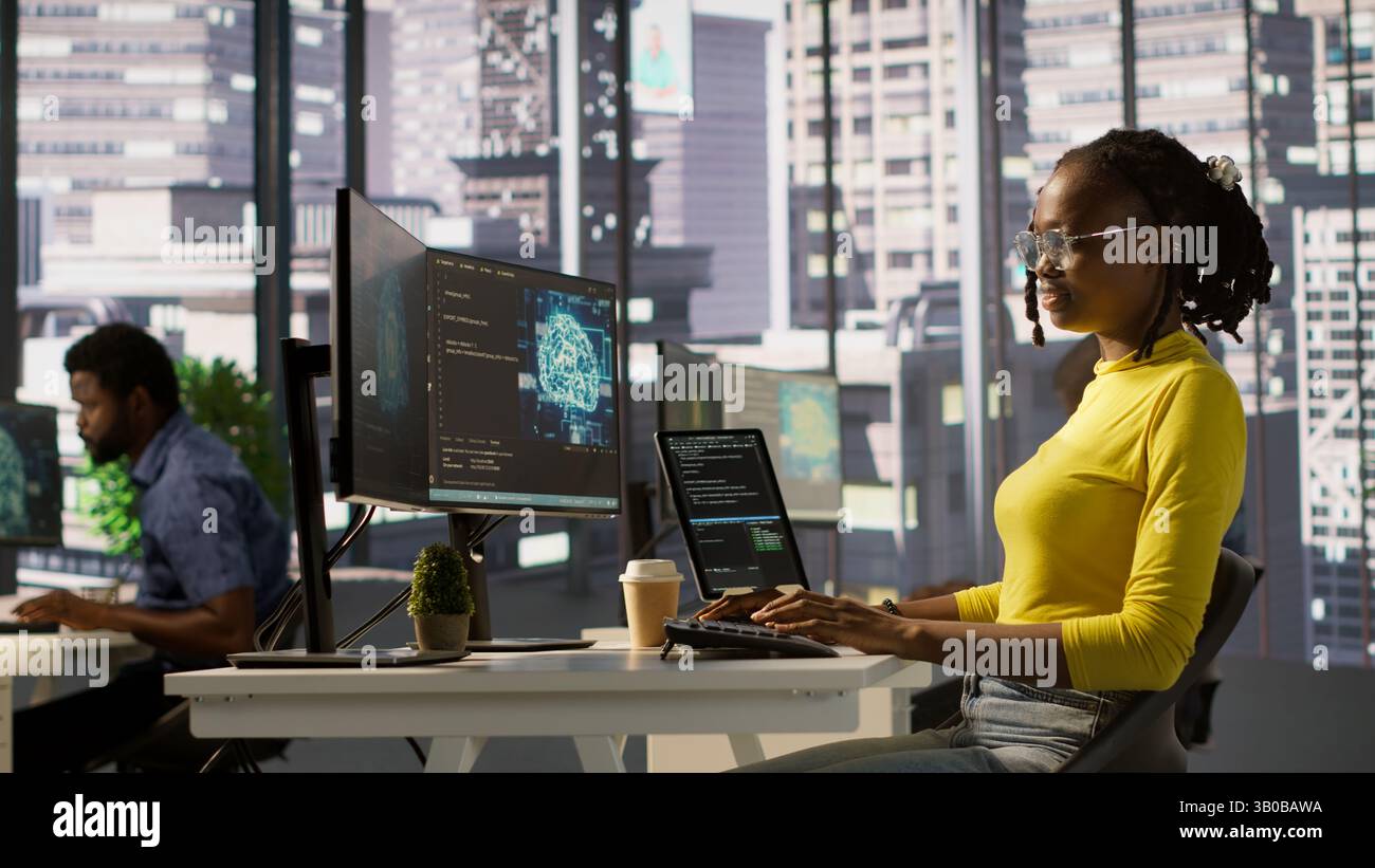 Software engineer conducts code review to fix bugs, identifying technical issues with artificial intelligence company software. African american woman debugging and optimizing code using AI, camera A Stock Photo