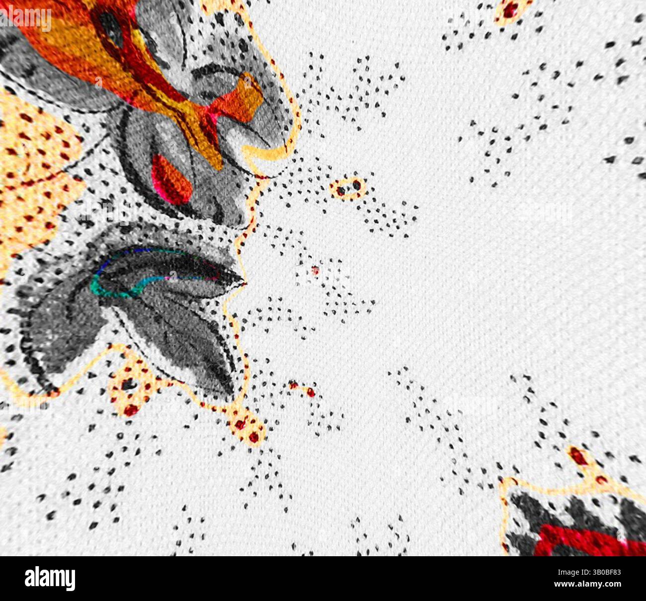 A vibrant abstract composition featuring bold strokes of orange and red ...