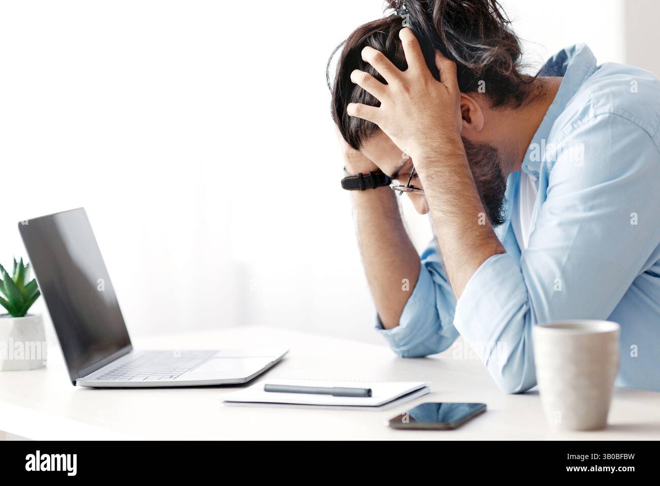 Work Problems. Millennial Freelancer Guy Siting At Desk And Touching ...