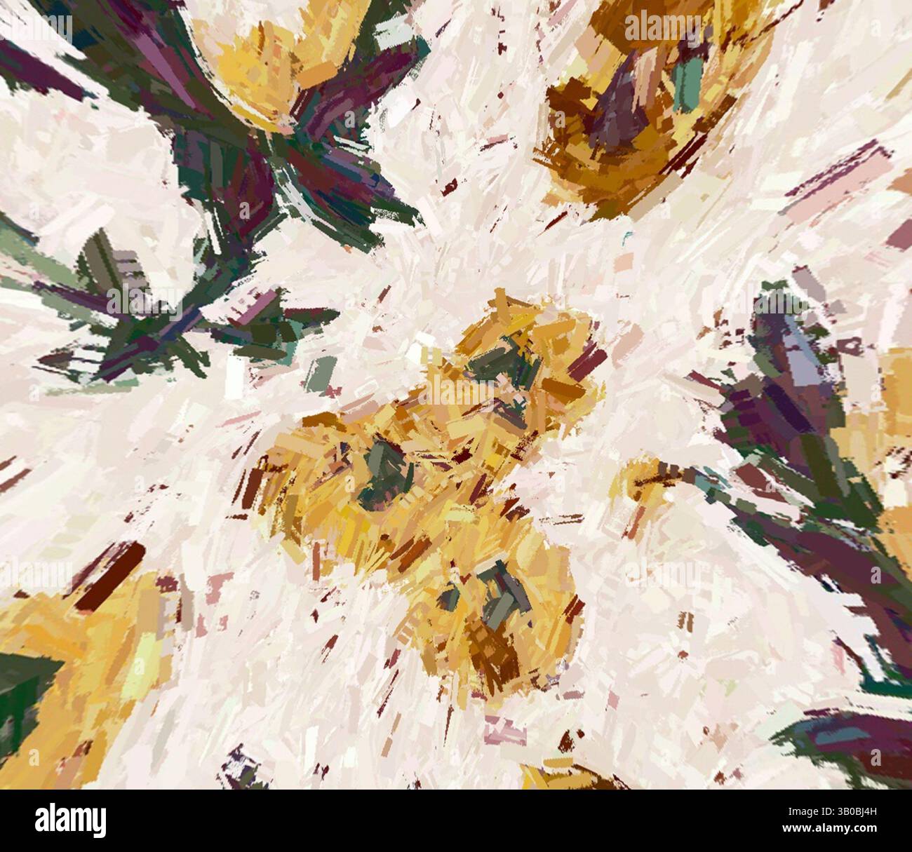 An abstract composition featuring swirling patterns of yellow and green ...