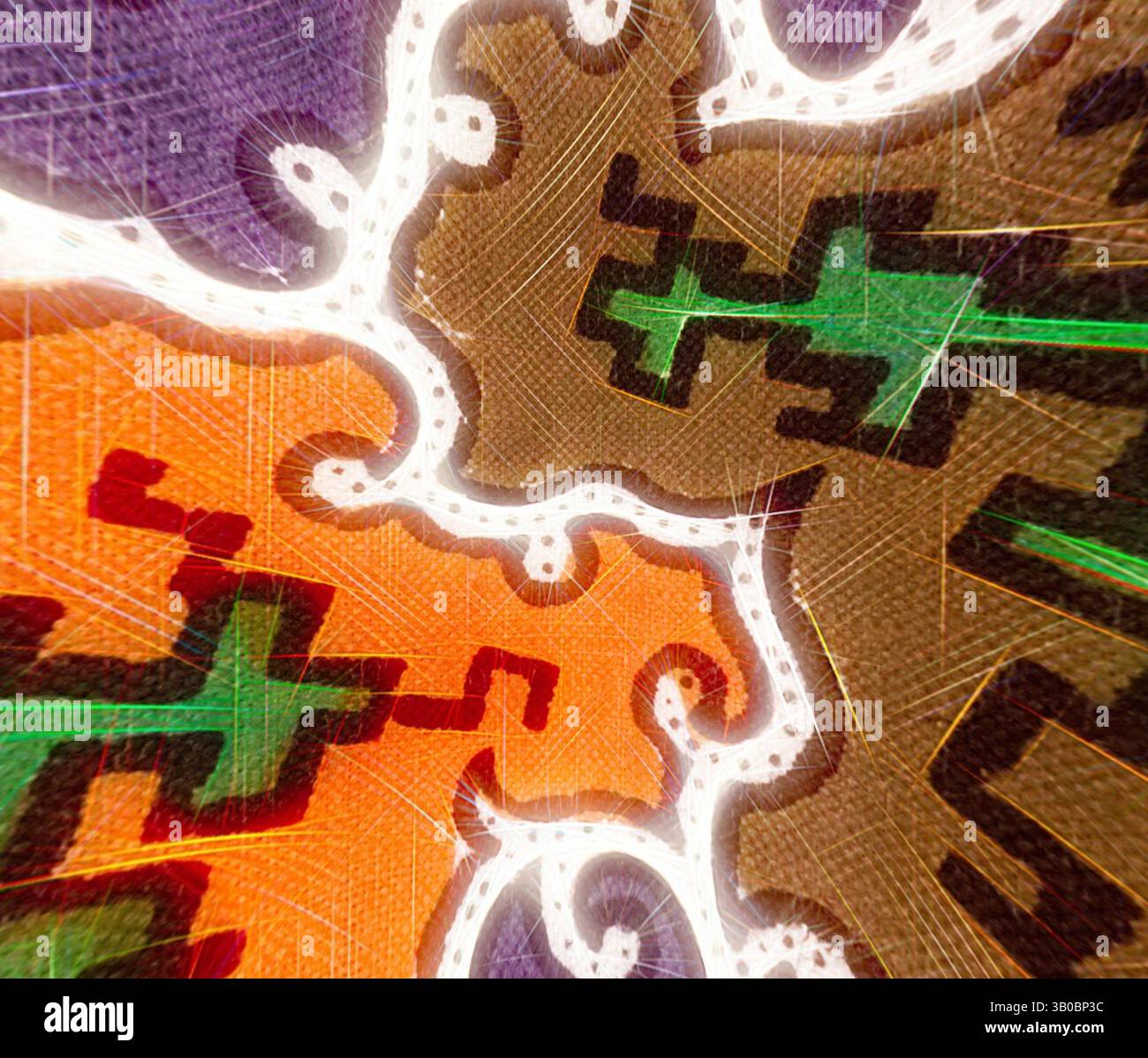 An abstract composition featuring intricate patterns and vibrant colors ...