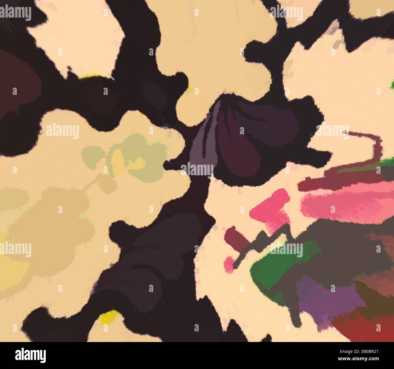 A vibrant abstract composition featuring flowing shapes and a blend of ...