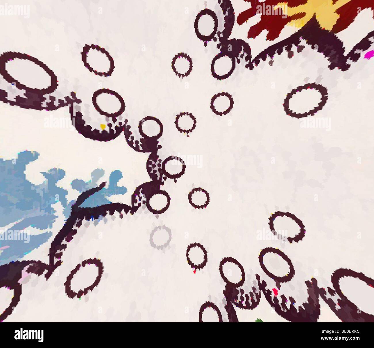 An abstract composition featuring swirling patterns and circular motifs ...