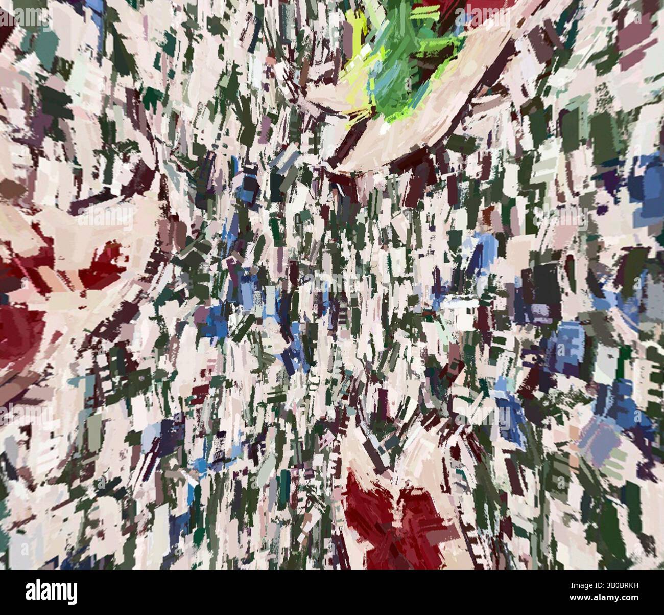 An abstract composition featuring a chaotic blend of colors and shapes ...
