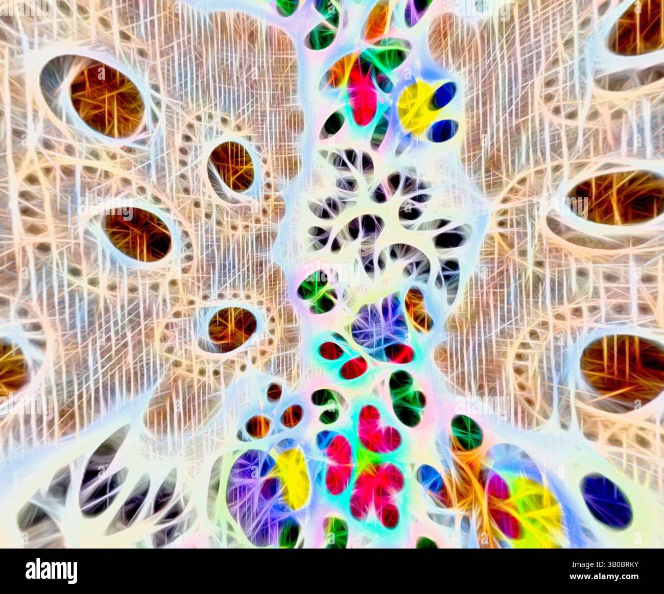 A vibrant, abstract composition featuring intricate patterns and ...