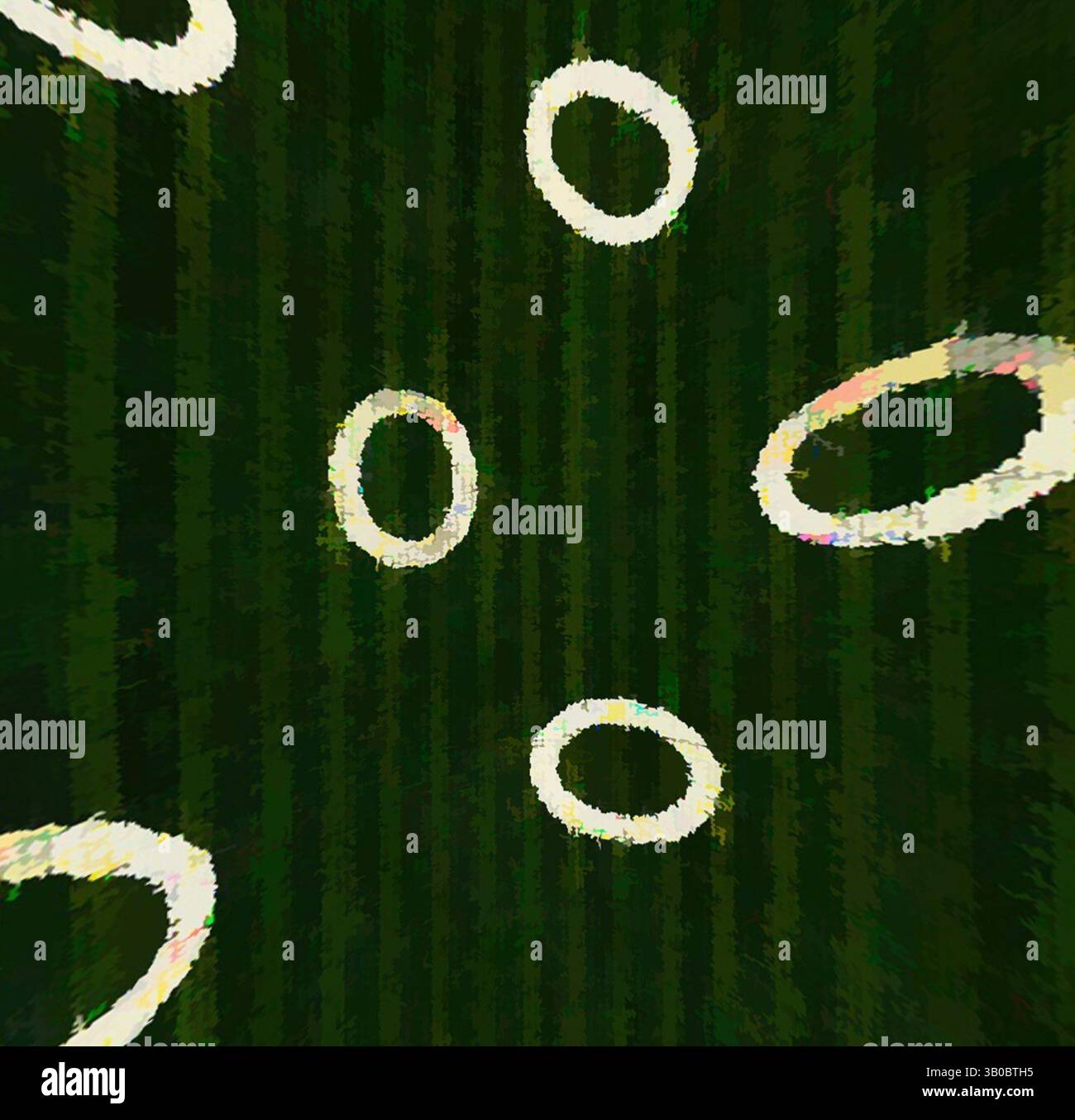 A series of white rings appear to float against a deep green background ...