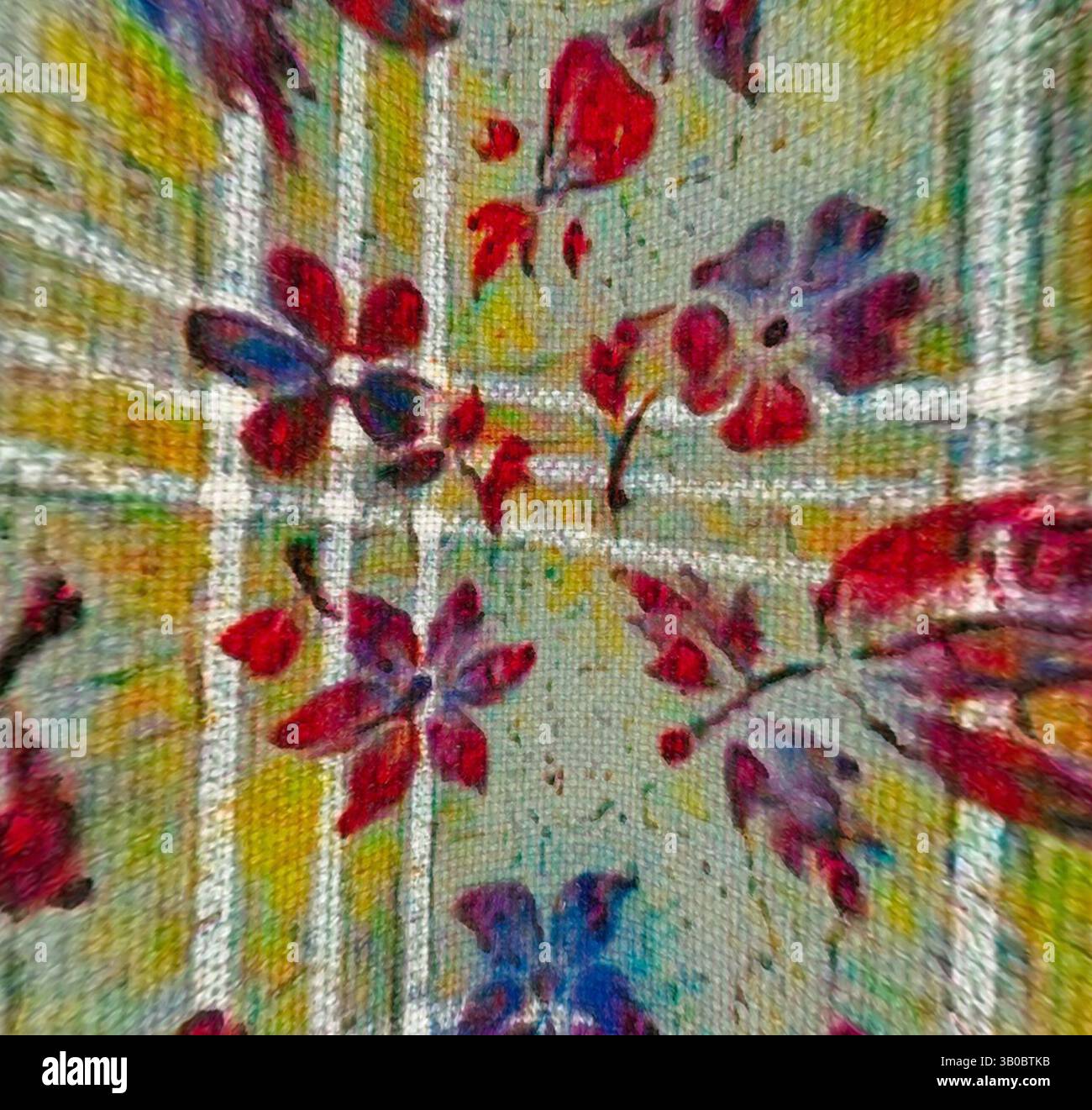 A vibrant floral pattern features bold red and purple flowers against a ...