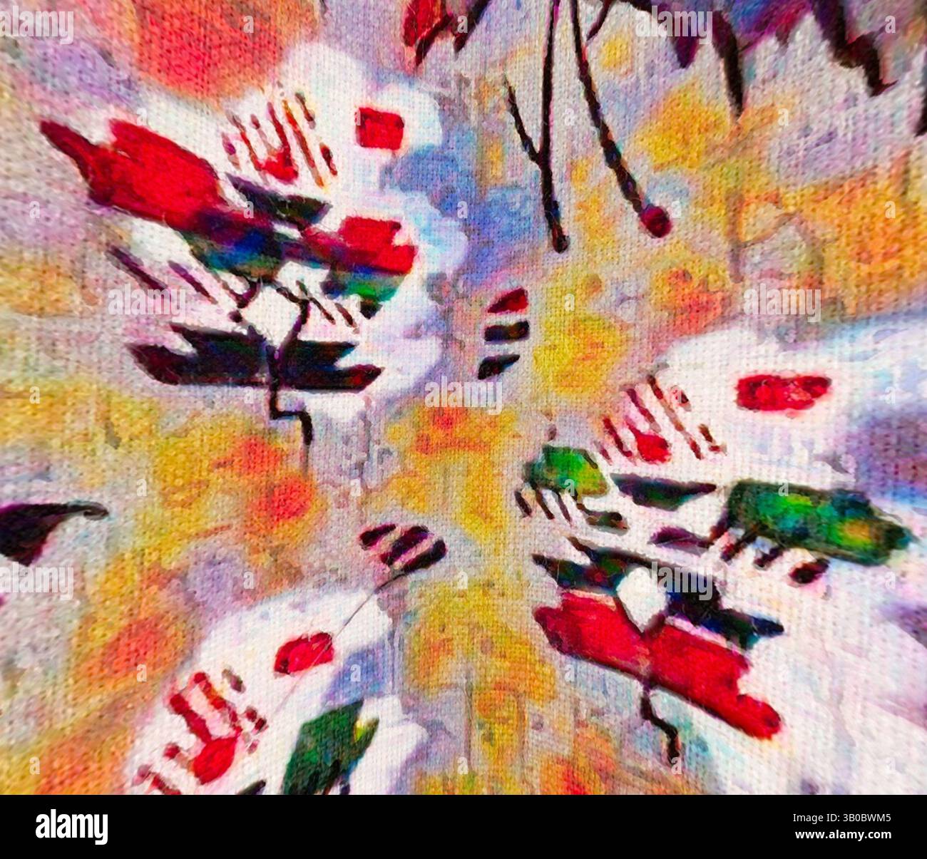 An abstract composition featuring vibrant splashes of color and dynamic ...