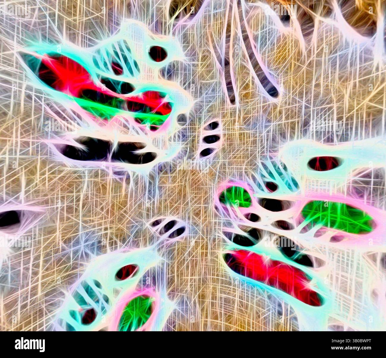 An abstract composition featuring swirling patterns and vibrant colors ...