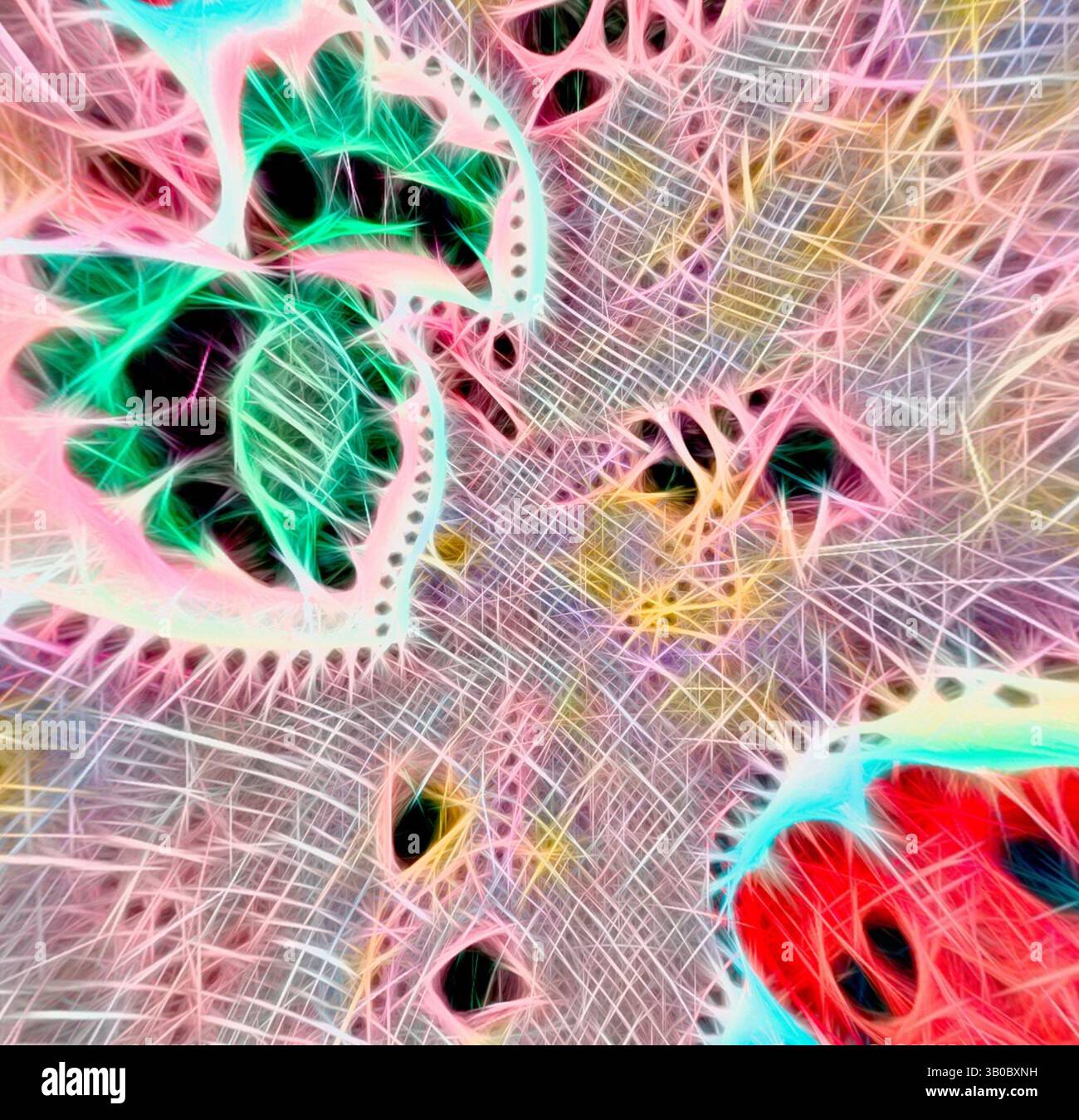 A vibrant abstract composition featuring intricate patterns and bold ...