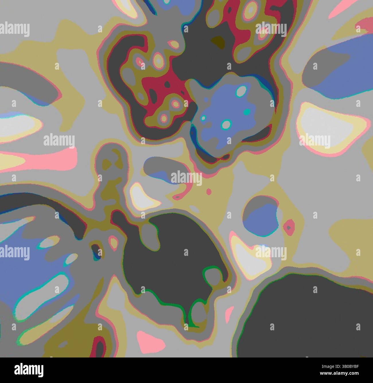 An abstract composition featuring vibrant shapes and colors that ...