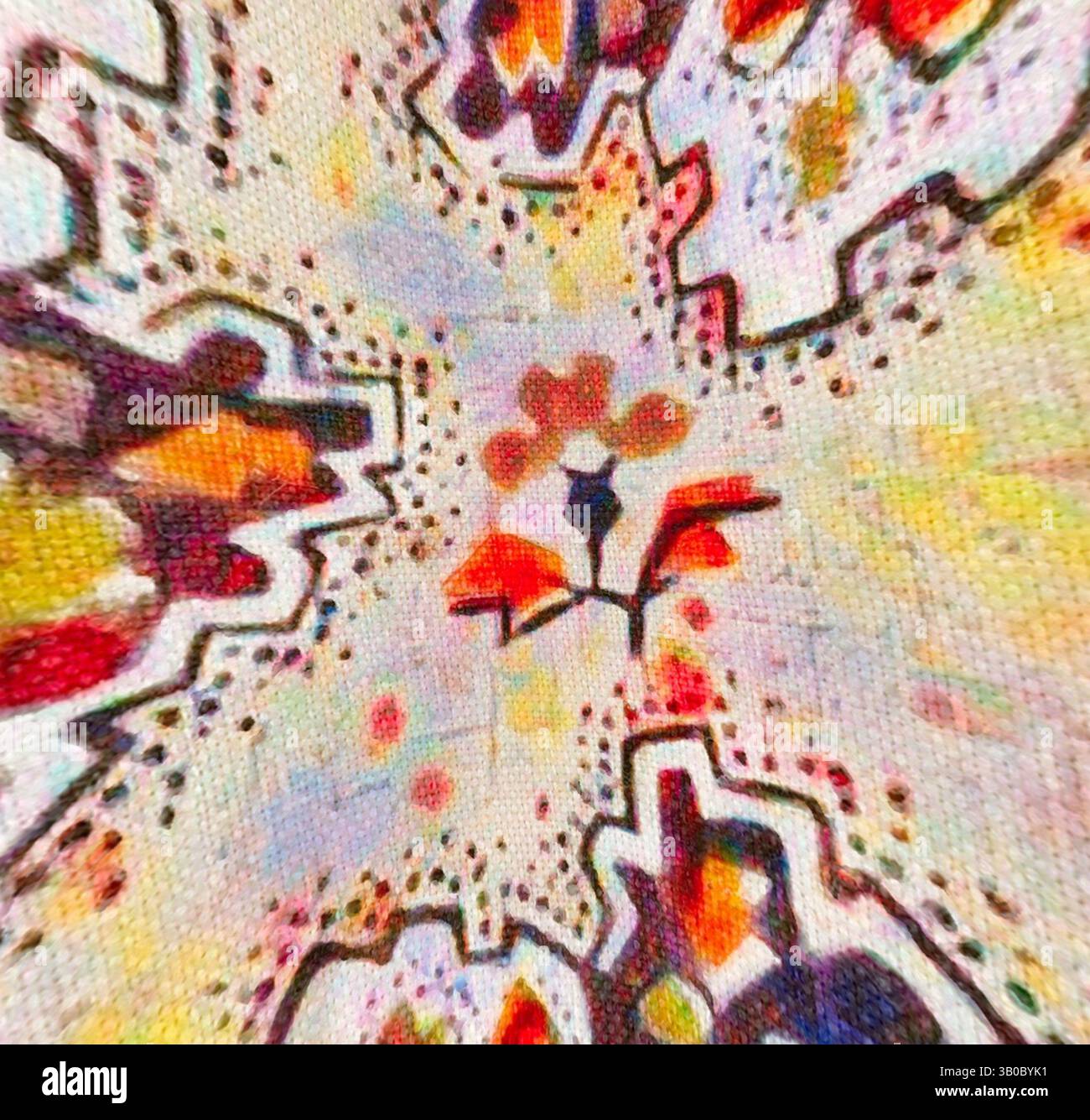 A vibrant abstract composition featuring swirling shapes and bold ...