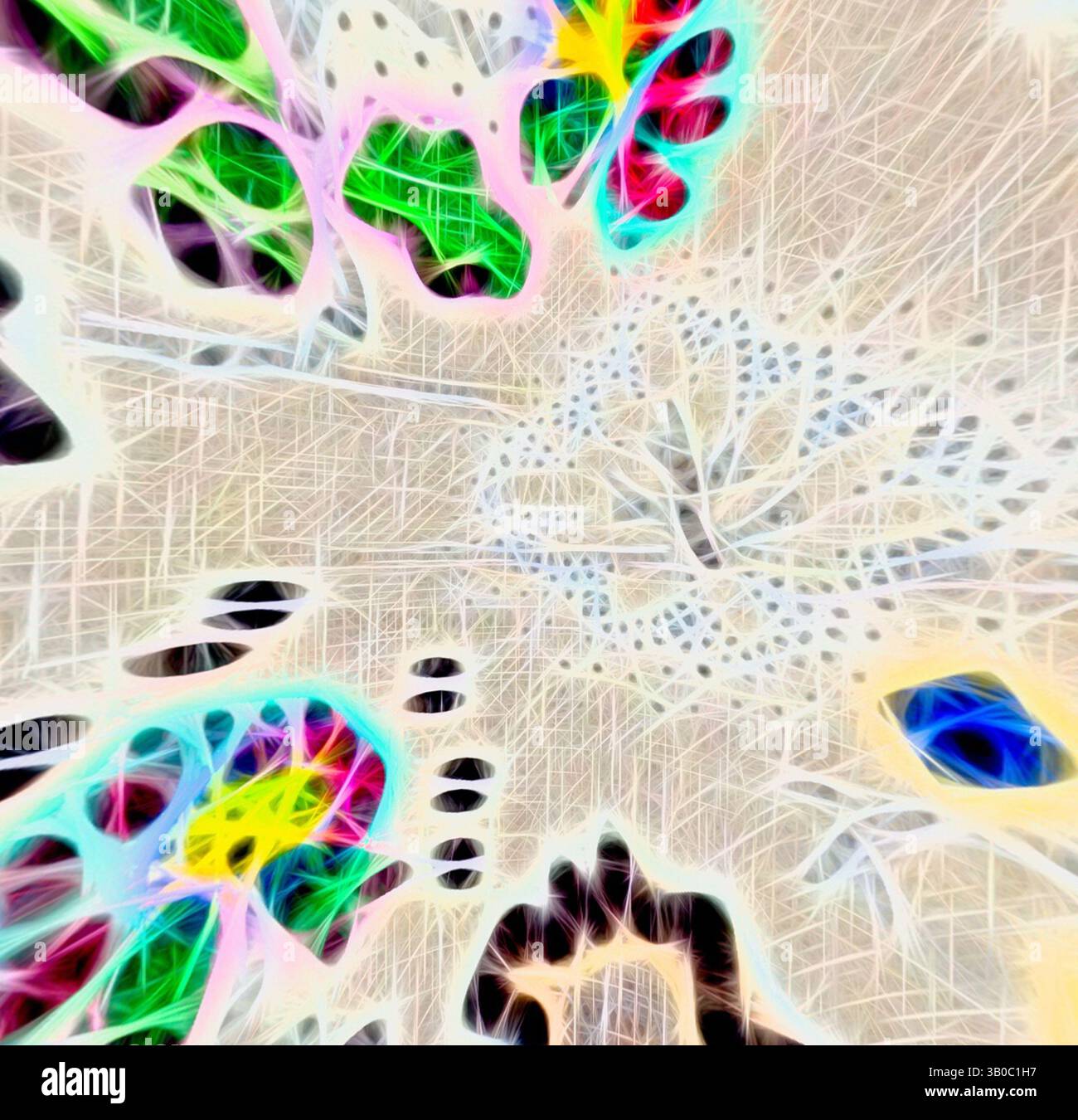 A vibrant and abstract depiction of overlapping shapes and colors ...