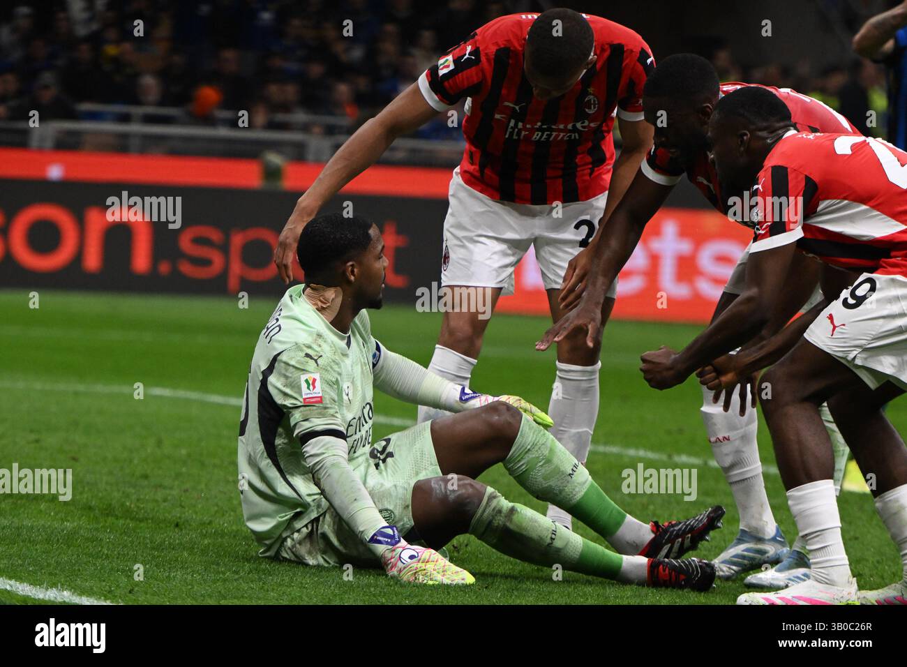 Milan, Italy. 23rd Apr, 2025. Mike Maignan of AC Milan react during the ...