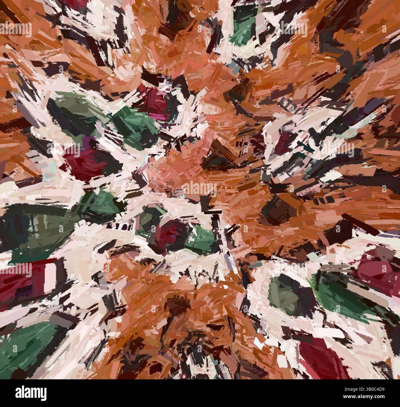 An abstract composition featuring a blend of earthy tones and vibrant ...