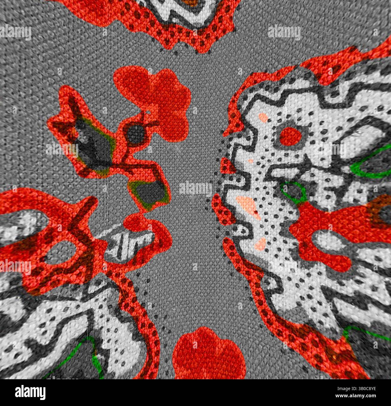 A vibrant pattern featuring bold red flowers and intricate designs ...