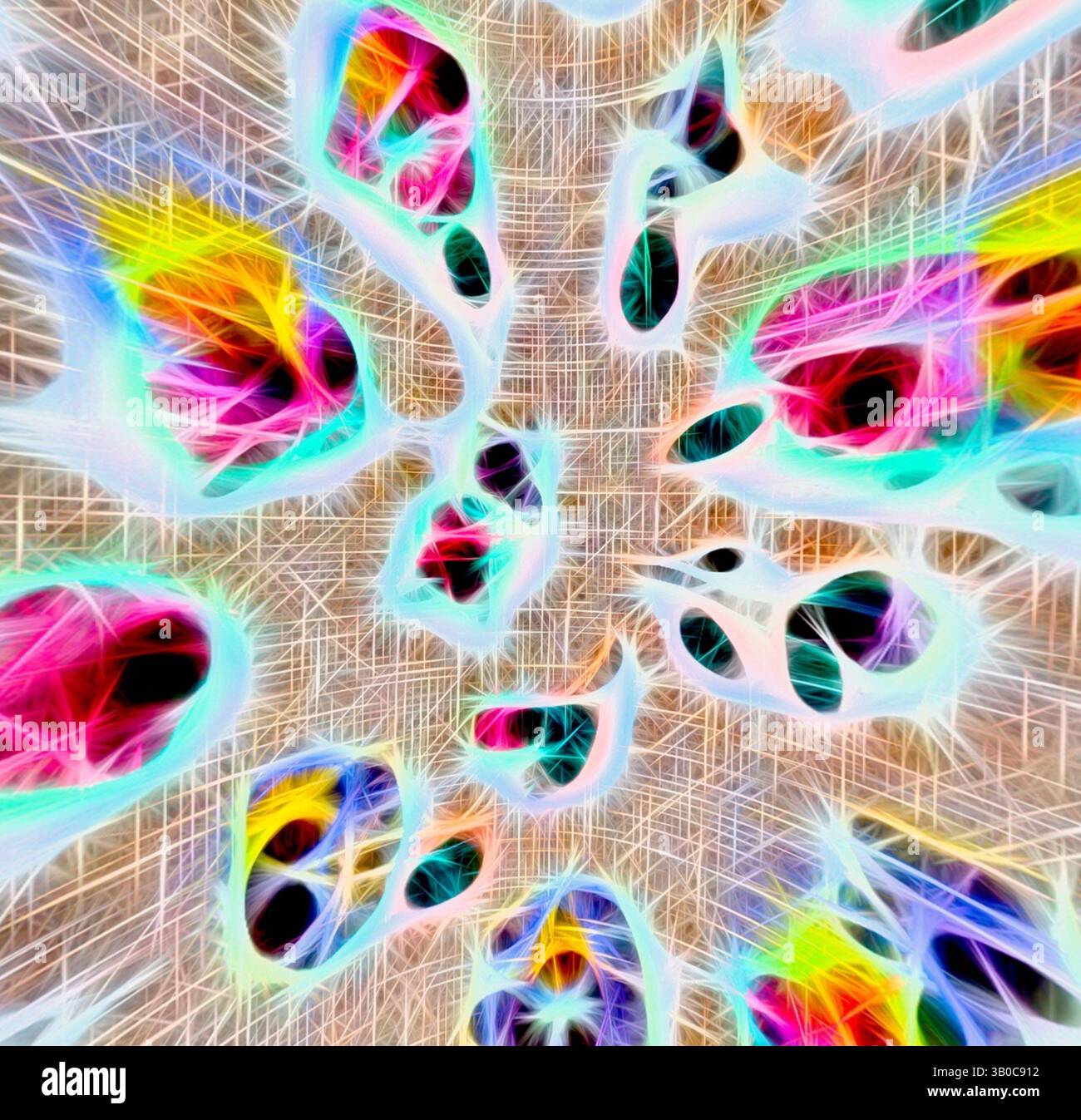 A vibrant explosion of color and abstract shapes intertwines, with ...
