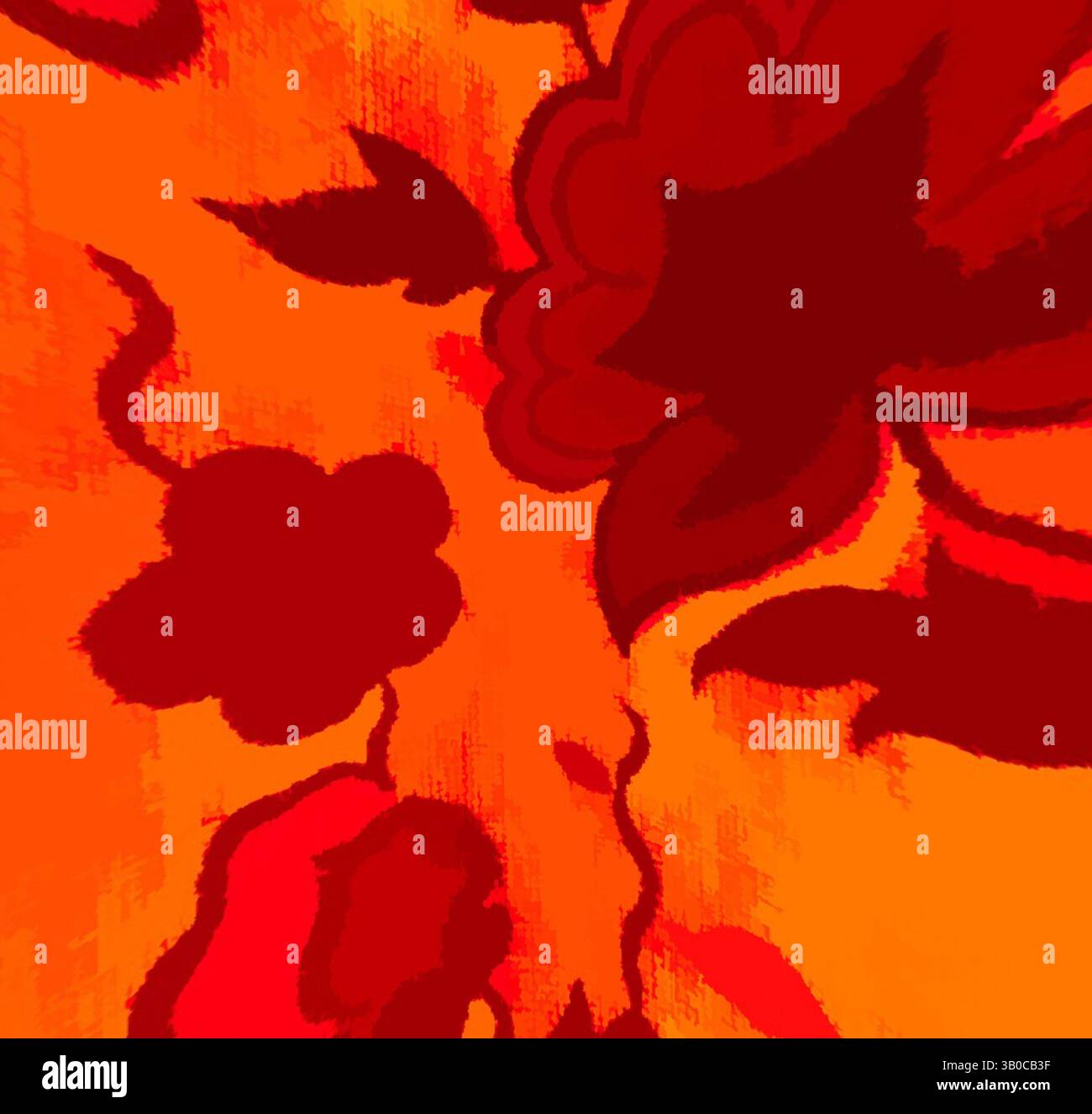 A vibrant pattern featuring bold red flowers and abstract shapes set ...