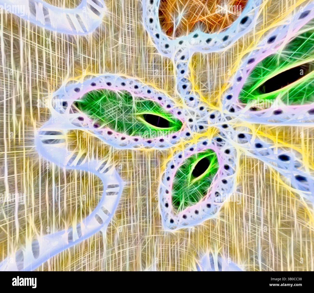 A vibrant abstract composition featuring intricate botanical shapes ...