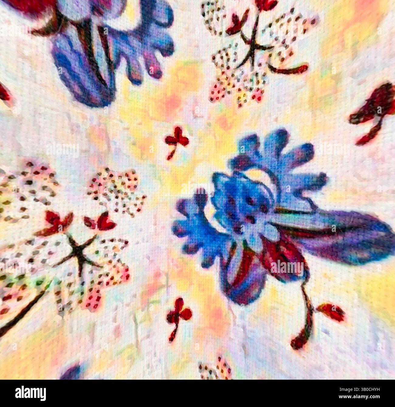 A vibrant floral pattern featuring bold blue flowers and delicate red ...