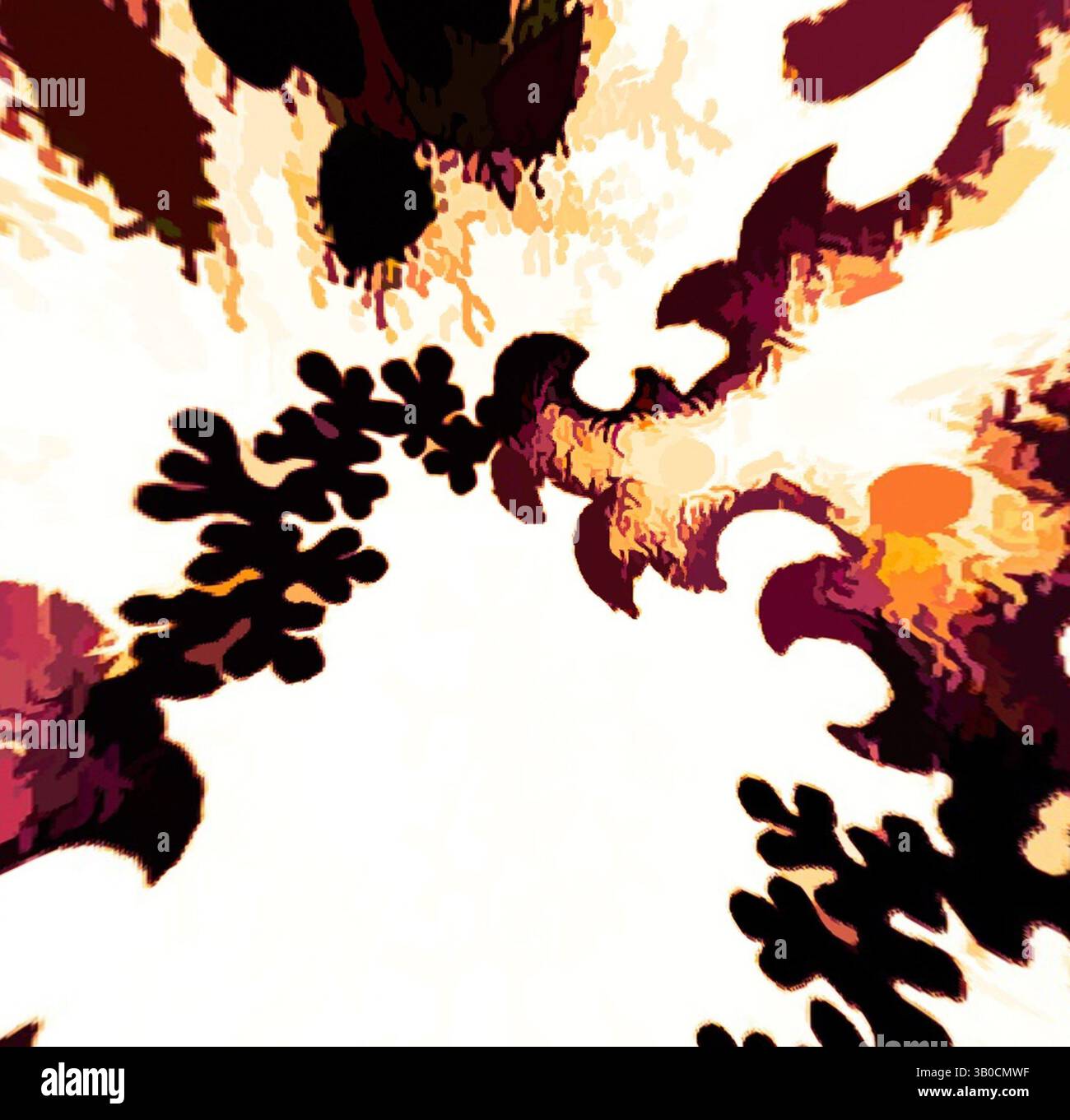 An abstract composition featuring swirling patterns and organic shapes ...