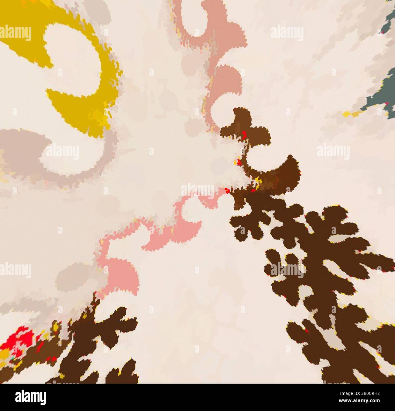 An abstract composition featuring swirling shapes and vibrant colors ...