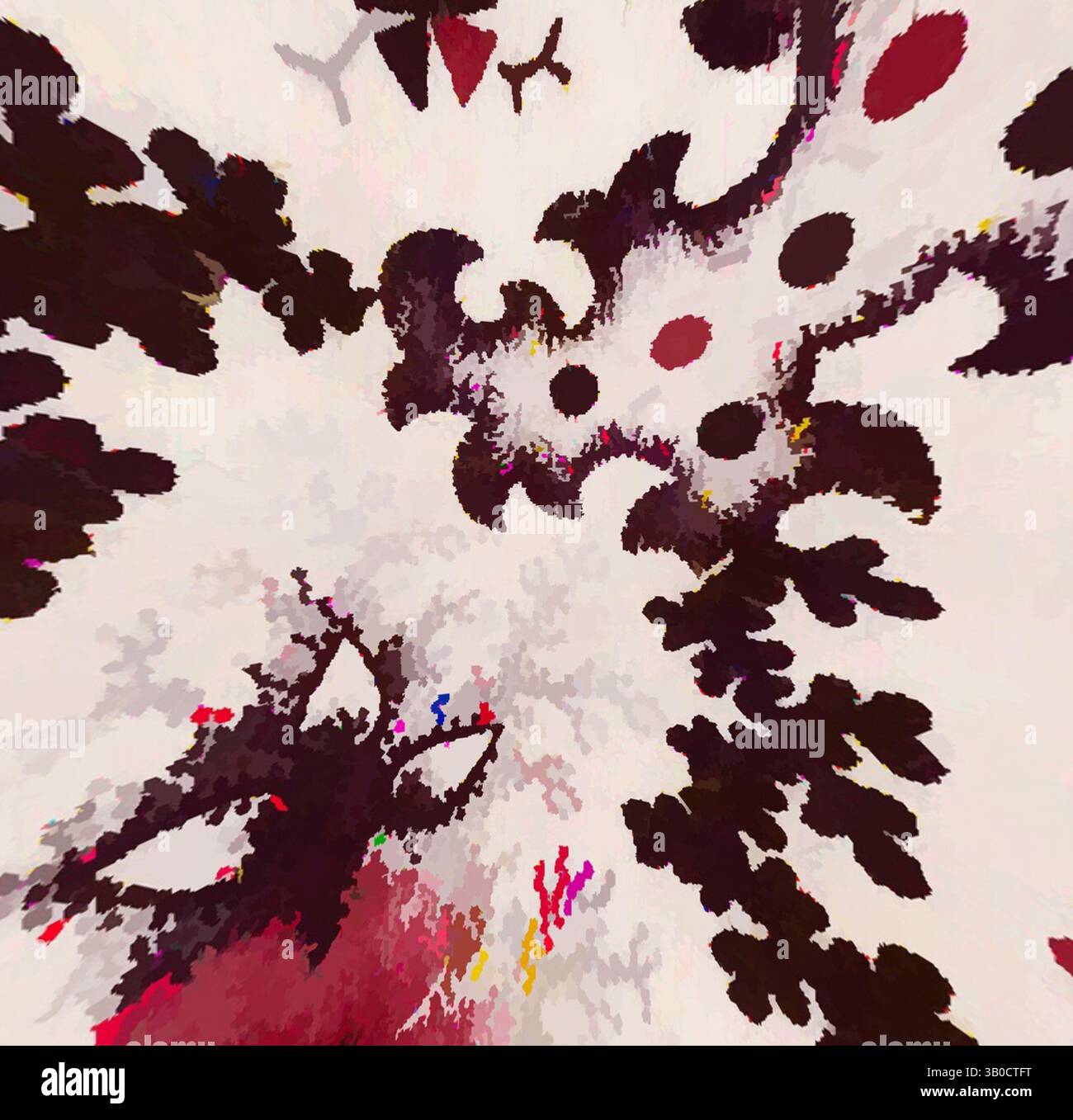 An abstract composition featuring swirling patterns and bold shapes ...