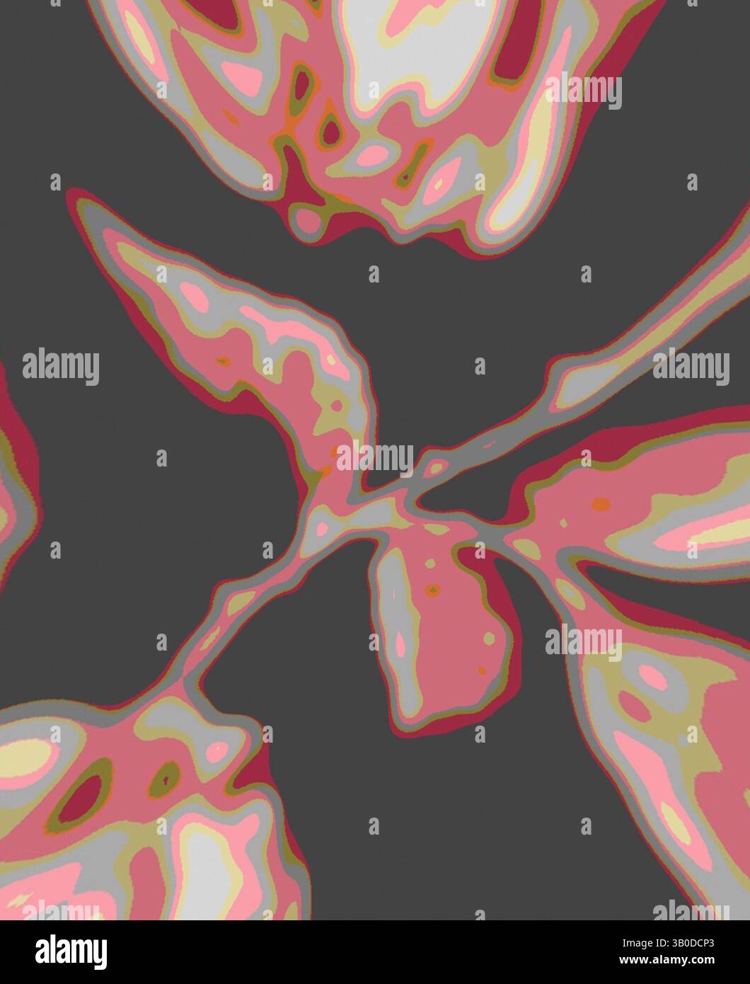 An abstract composition featuring fluid shapes and vibrant hues of pink ...