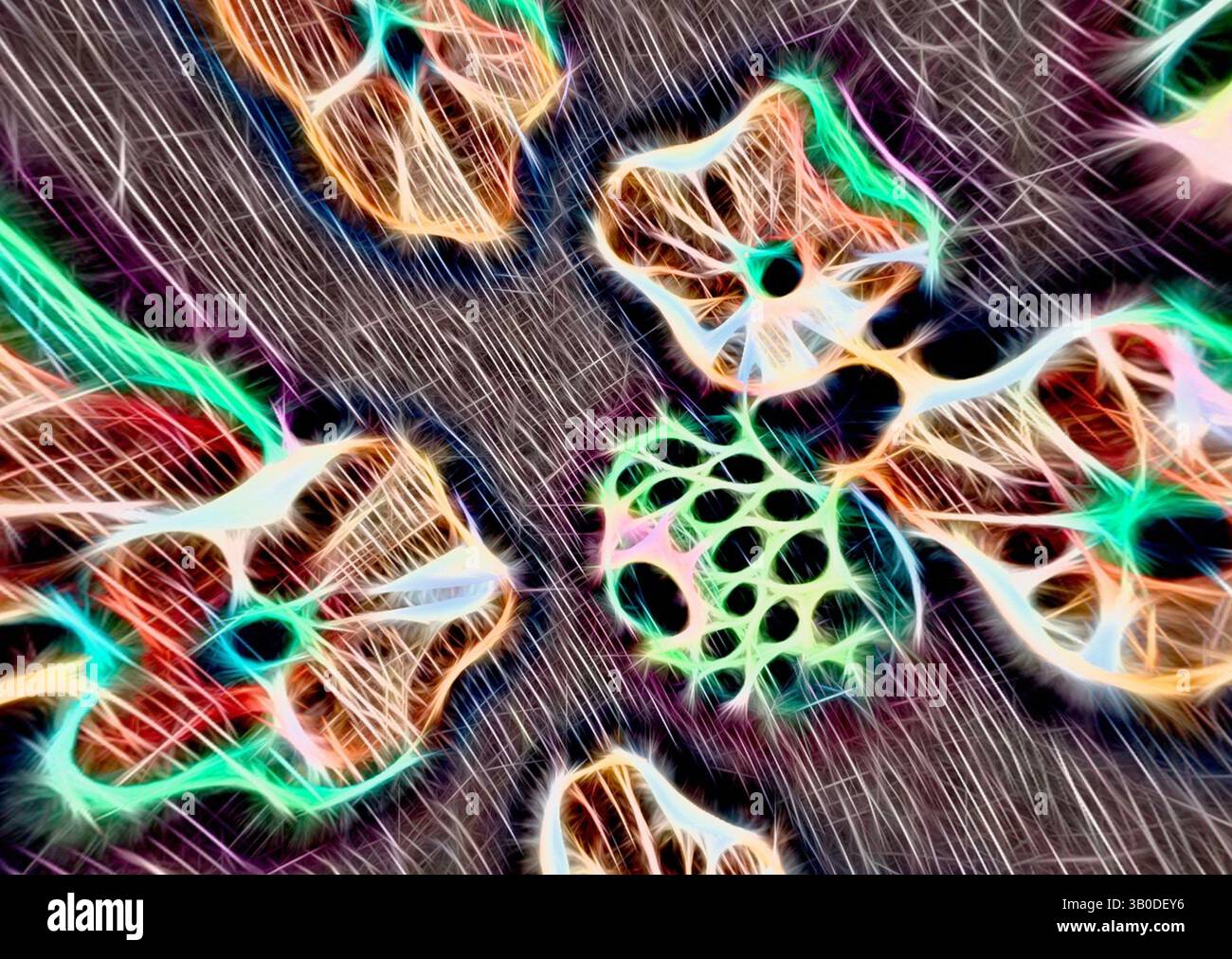 An abstract composition featuring intricate patterns and vibrant colors ...
