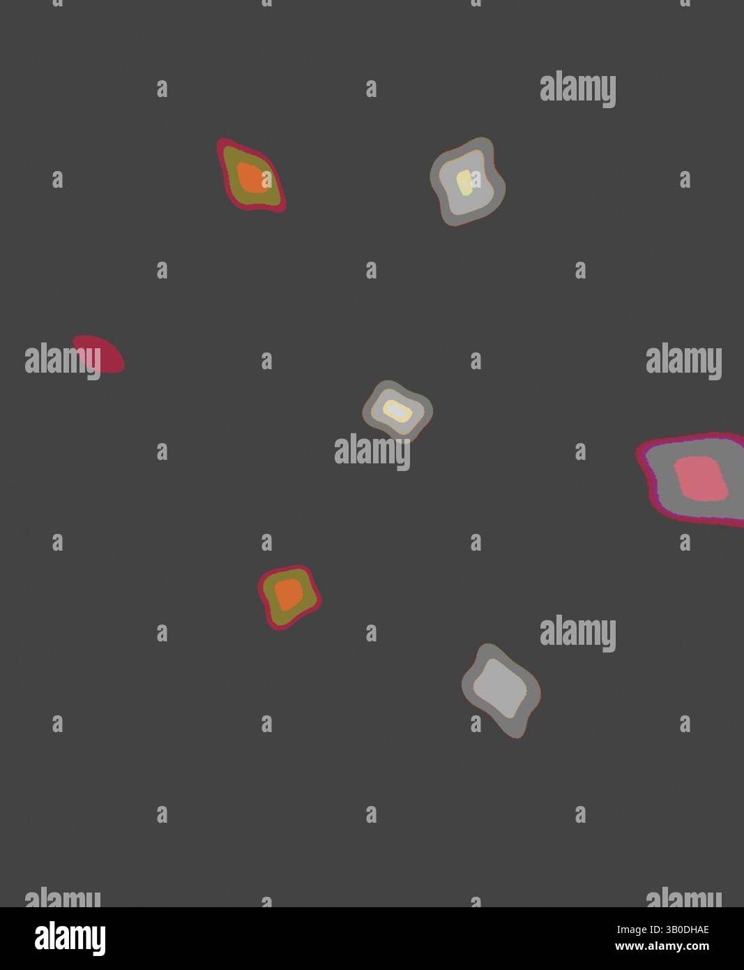 Abstract shapes in various shades of gray, red, and orange float ...