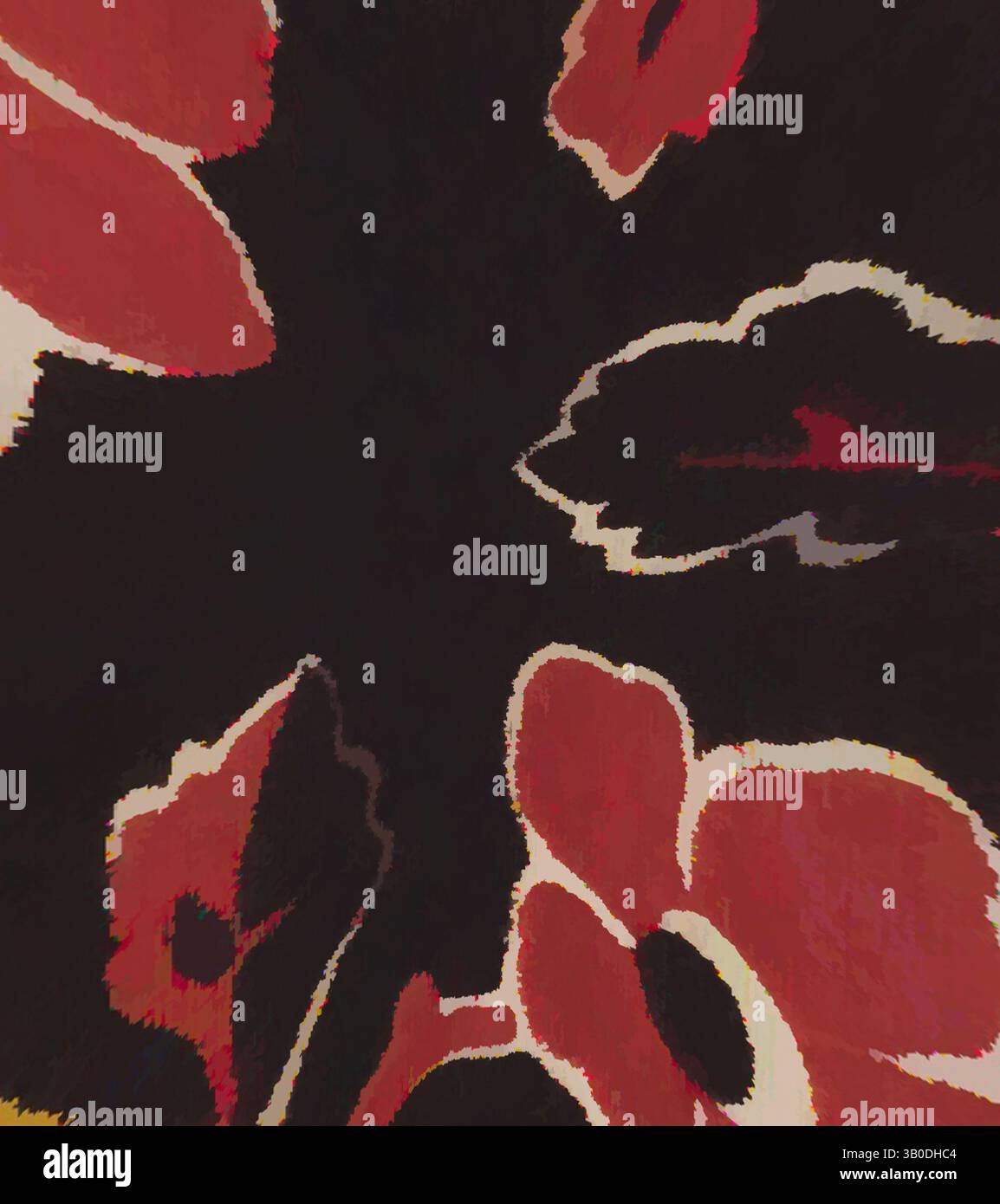 A vibrant floral pattern featuring bold red blossoms contrasted against ...