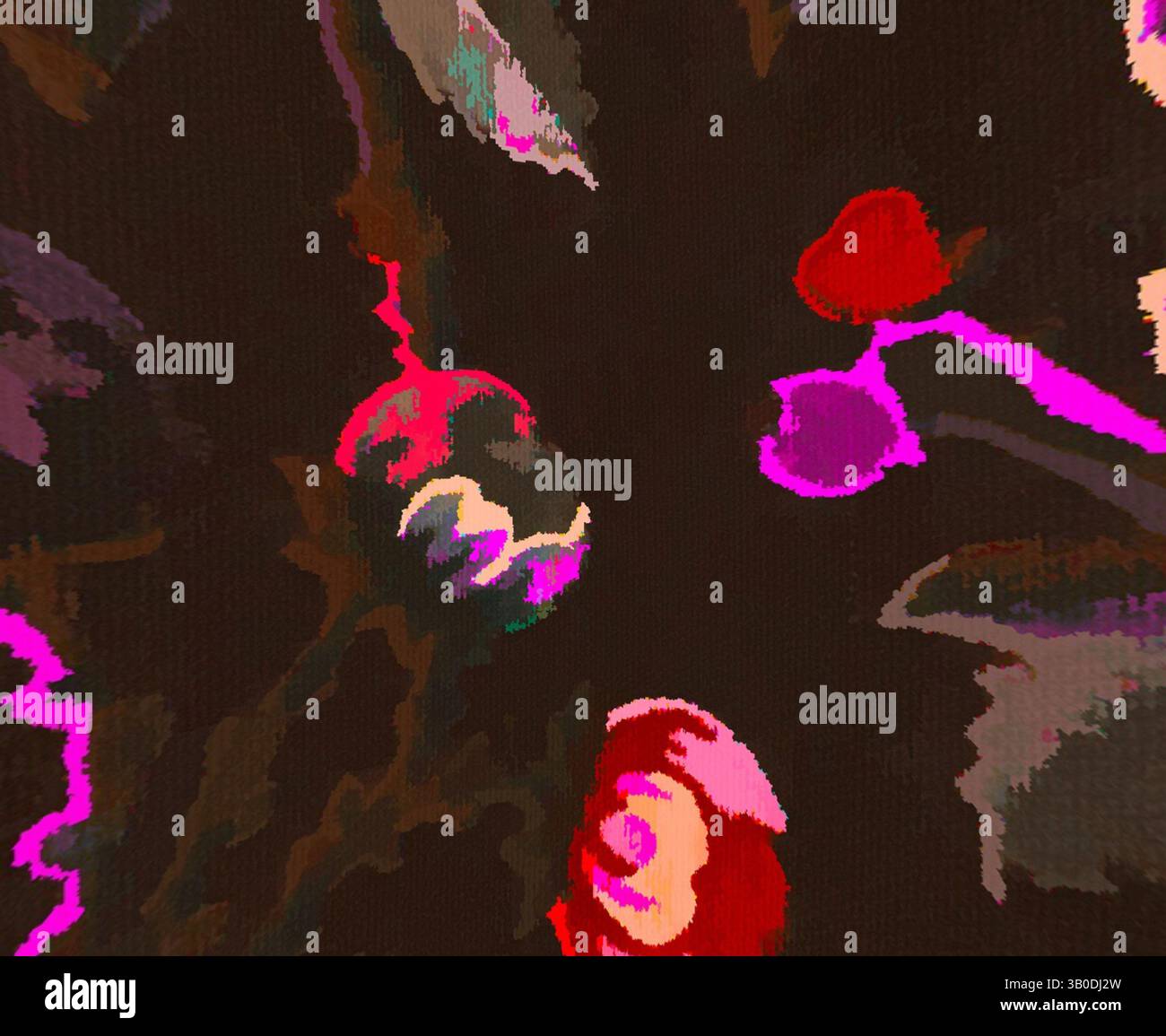 A vibrant abstract depiction of flowers and foliage, featuring bold ...