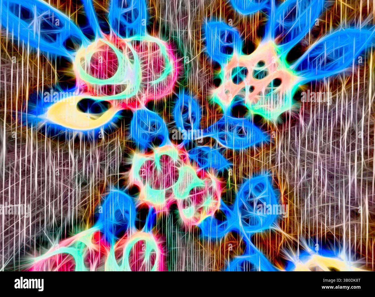 A vibrant explosion of abstract floral shapes and patterns, combining ...