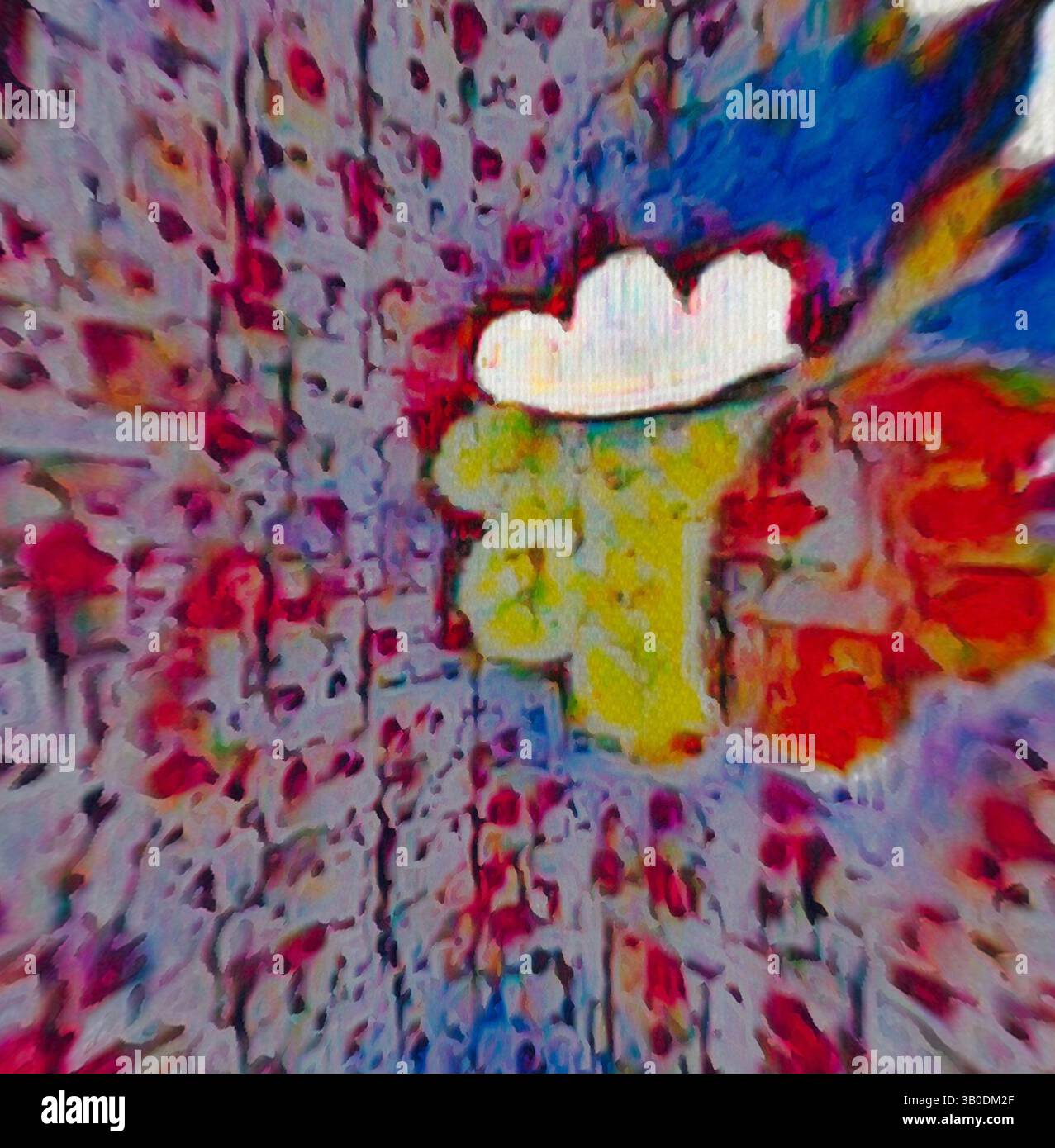 A vibrant abstract composition featuring a stylized face surrounded by ...
