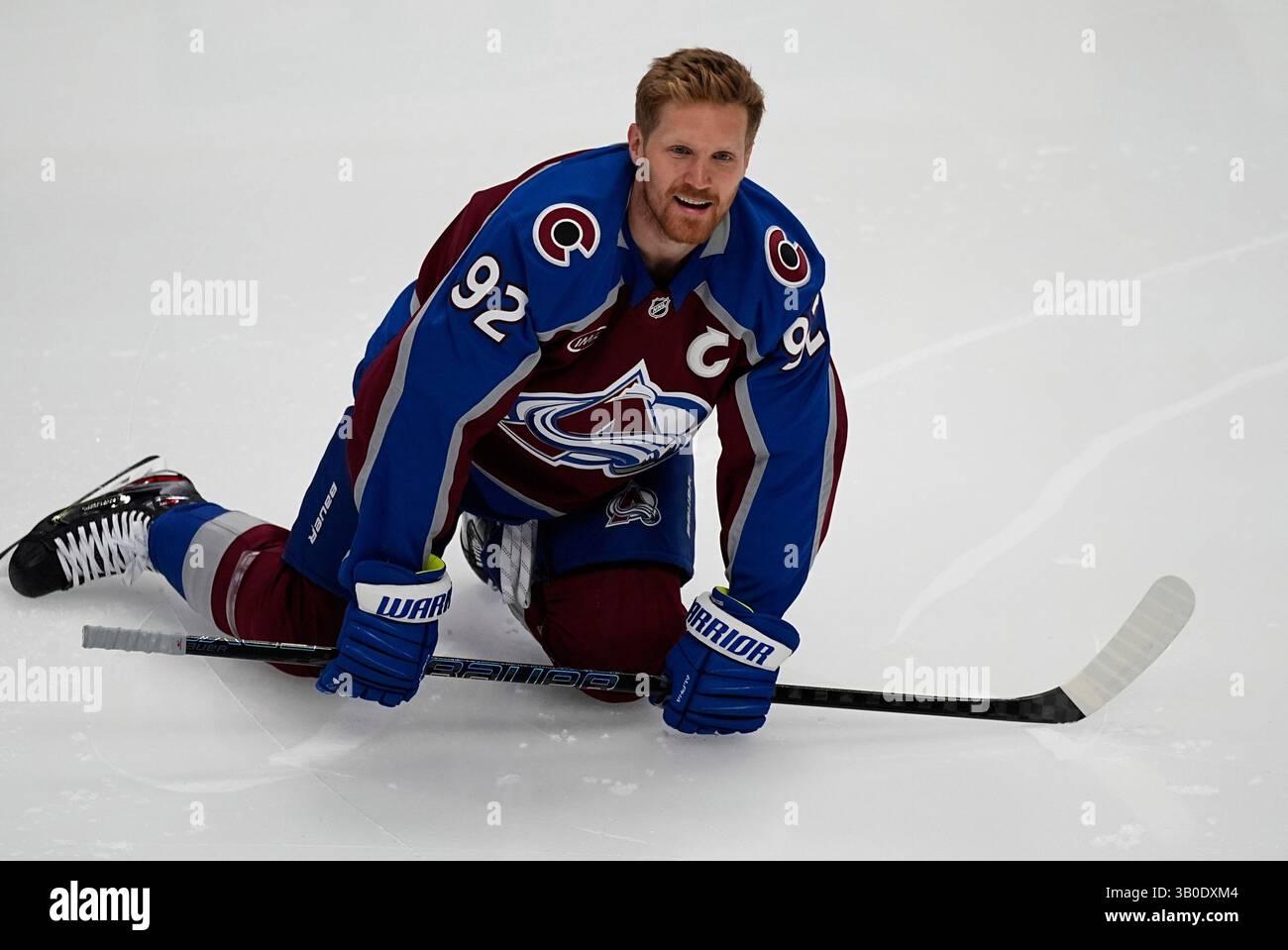 Colorado Avalanche left wing Gabriel Landeskog stretches before the